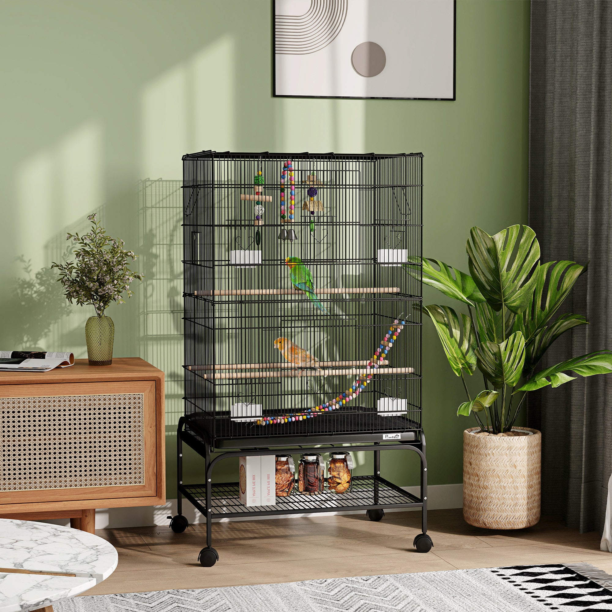 PawHut 43" Bird Cage for Budgies Cockatiels Canaries Lovebirds Finches with Rolling Stand, Toys, Removable Tray, Storage Shelf, Black
