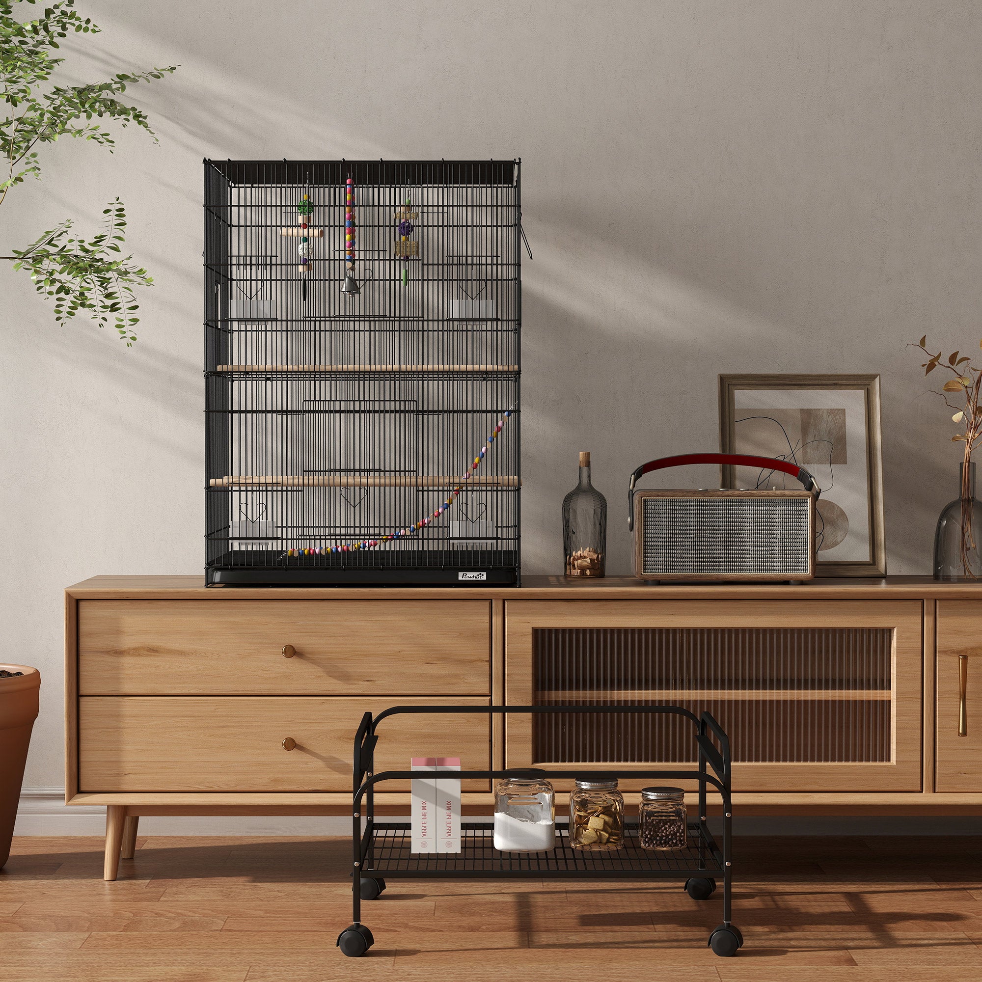 PawHut 43" Bird Cage for Budgies Cockatiels Canaries Lovebirds Finches with Rolling Stand, Toys, Removable Tray, Storage Shelf, Black