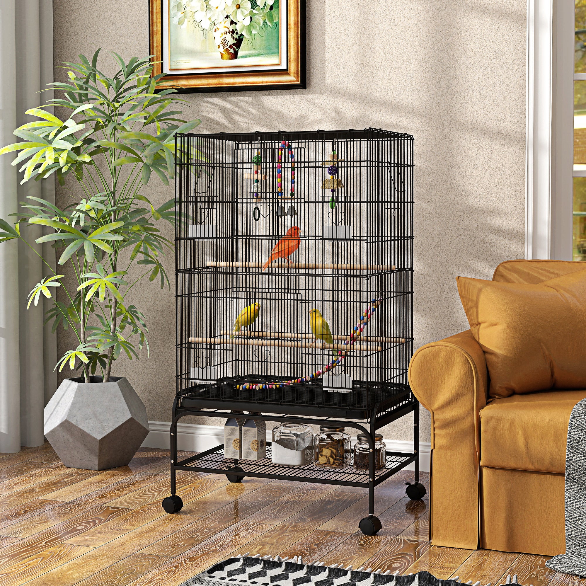 PawHut 43" Bird Cage for Budgies Cockatiels Canaries Lovebirds Finches with Rolling Stand, Toys, Removable Tray, Storage Shelf, Black