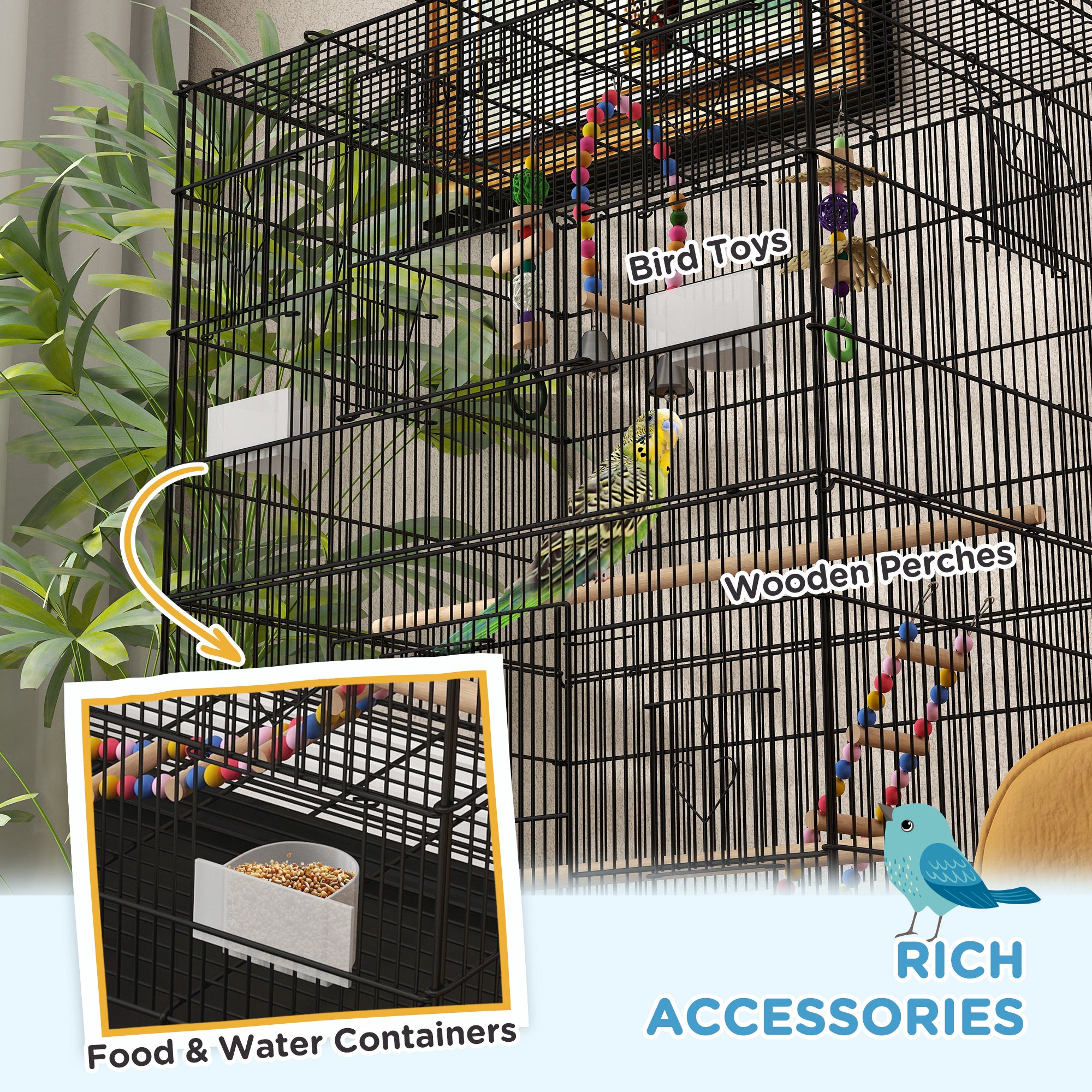 PawHut 43" Bird Cage for Budgies Cockatiels Canaries Lovebirds Finches with Rolling Stand, Toys, Removable Tray, Storage Shelf, Black