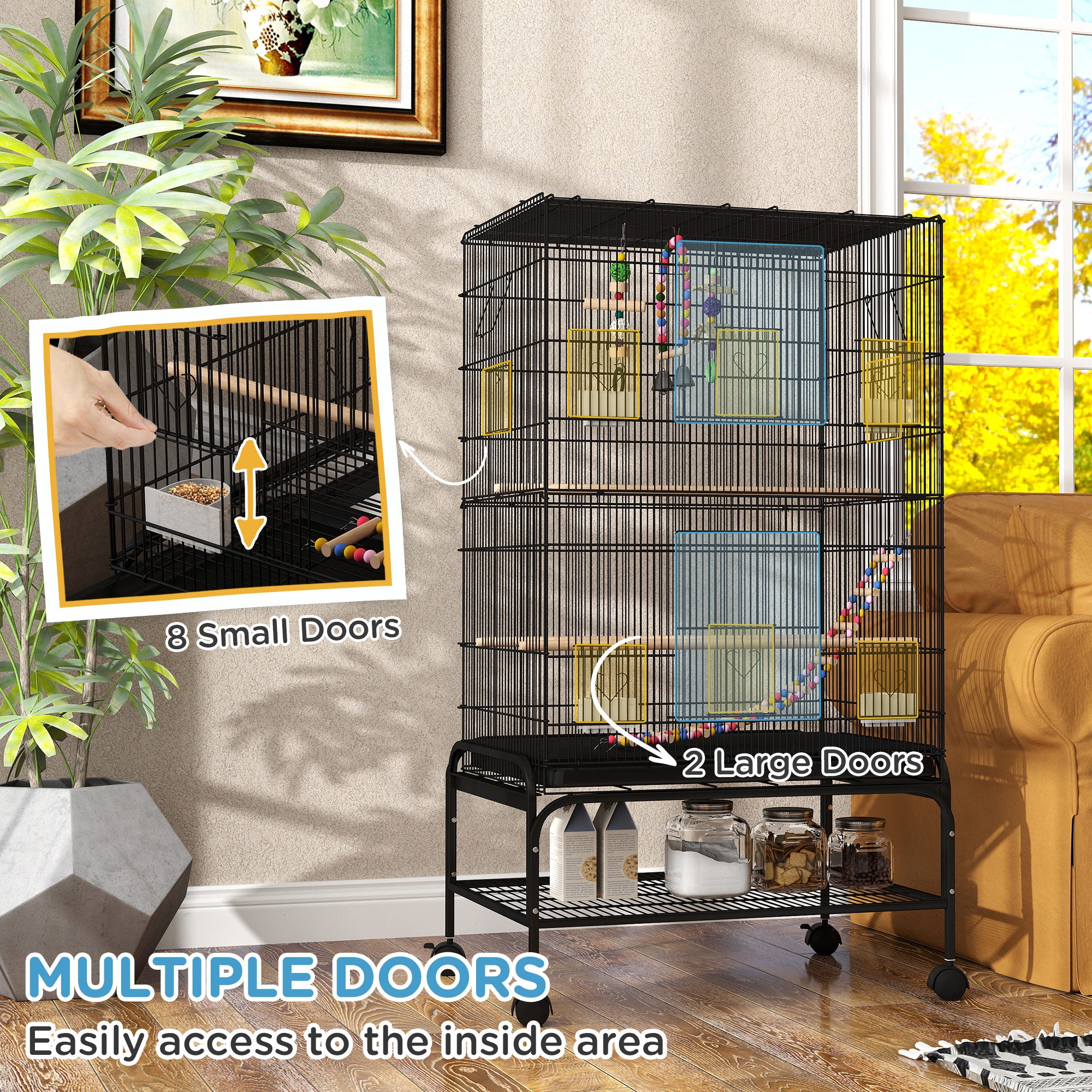 PawHut 43" Bird Cage for Budgies Cockatiels Canaries Lovebirds Finches with Rolling Stand, Toys, Removable Tray, Storage Shelf, Black