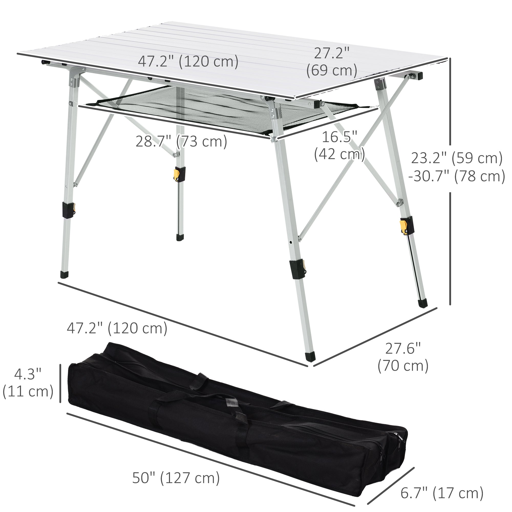 Outsunny 4FT Aluminum Folding Table, Height Adjustable Portable Camping Table BBQ Table with Roll Up Top and Mesh Layer Rack and Carrying Bag, Silver