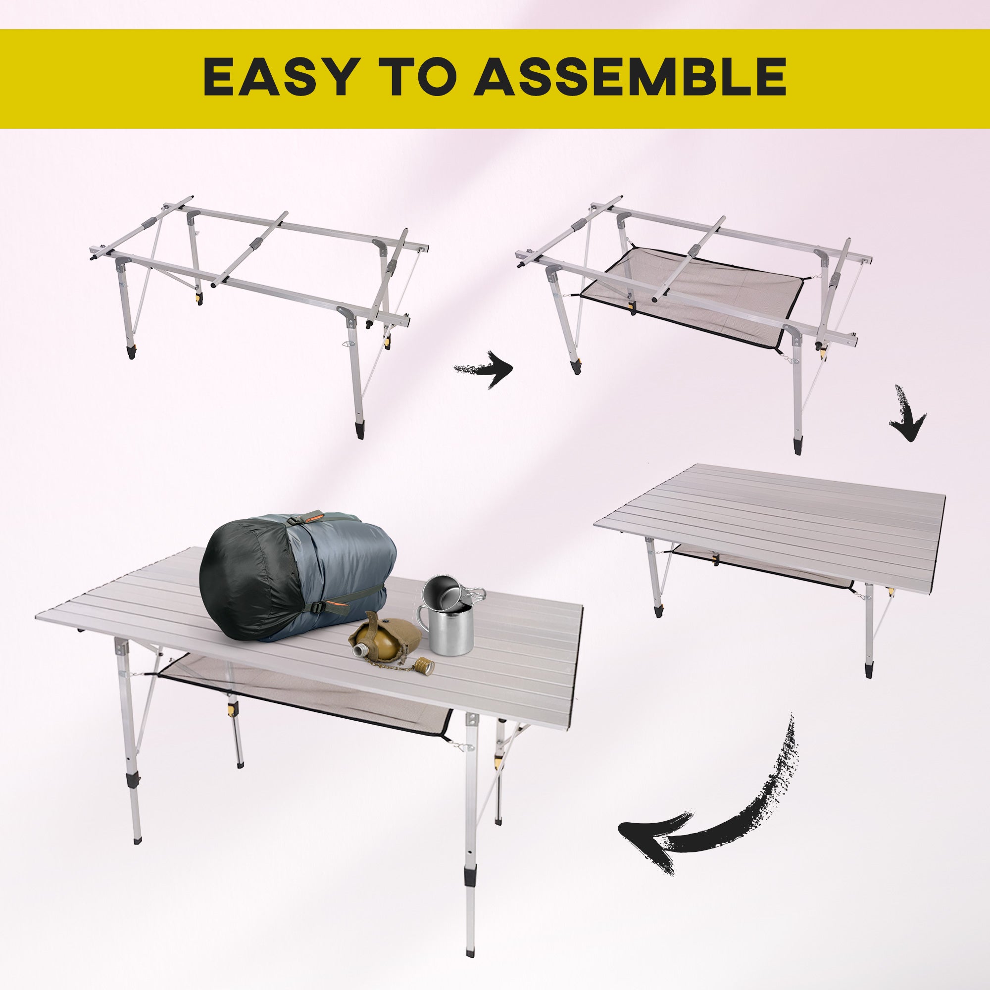 Outsunny 4FT Aluminum Folding Table, Height Adjustable Portable Camping Table BBQ Table with Roll Up Top and Mesh Layer Rack and Carrying Bag, Silver