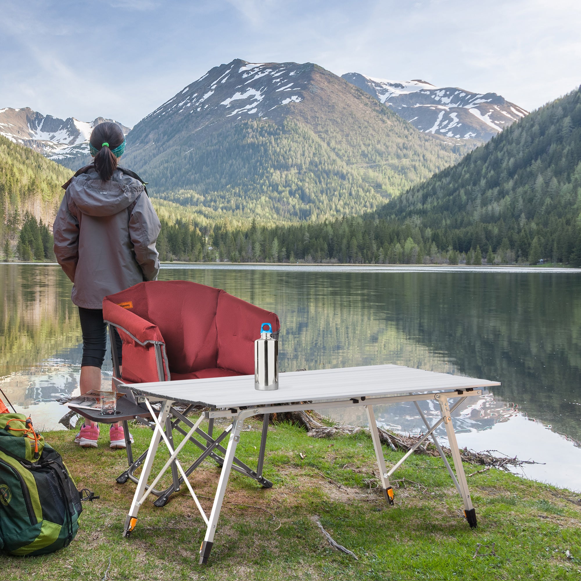 Outsunny 4FT Aluminum Folding Table, Height Adjustable Portable Camping Table BBQ Table with Roll Up Top and Mesh Layer Rack and Carrying Bag, Silver