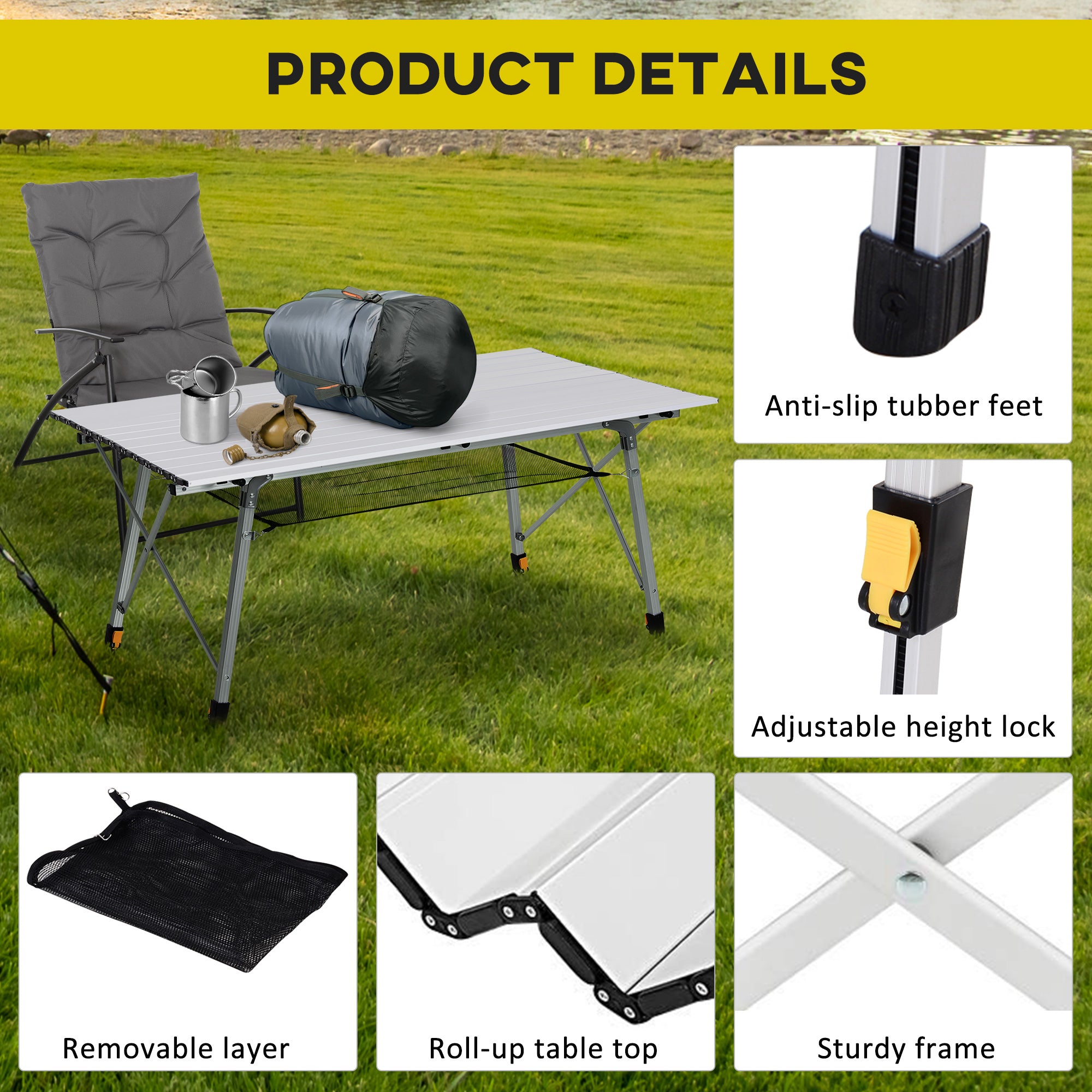 Outsunny 4FT Aluminum Folding Table, Height Adjustable Portable Camping Table BBQ Table with Roll Up Top and Mesh Layer Rack and Carrying Bag, Silver