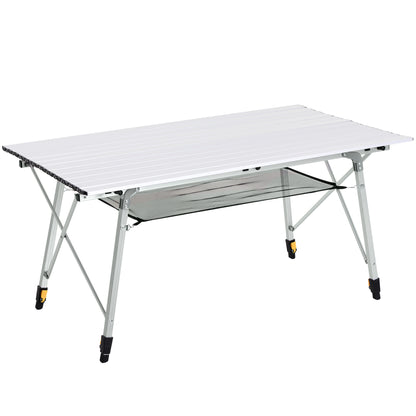 Outsunny 4FT Aluminum Folding Table, Height Adjustable Portable Camping Table BBQ Table with Roll Up Top and Mesh Layer Rack and Carrying Bag, Silver