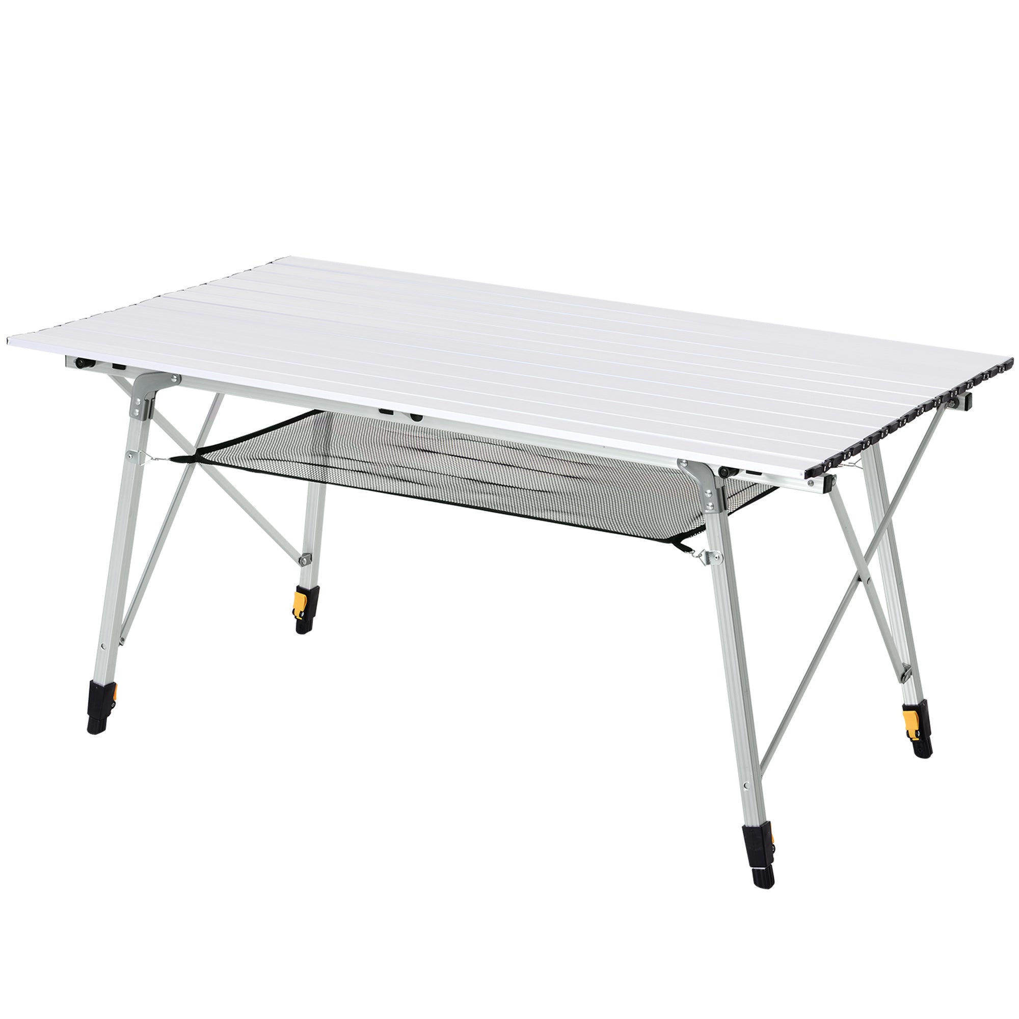 Outsunny 4FT Aluminum Folding Table, Height Adjustable Portable Camping Table BBQ Table with Roll Up Top and Mesh Layer Rack and Carrying Bag, Silver
