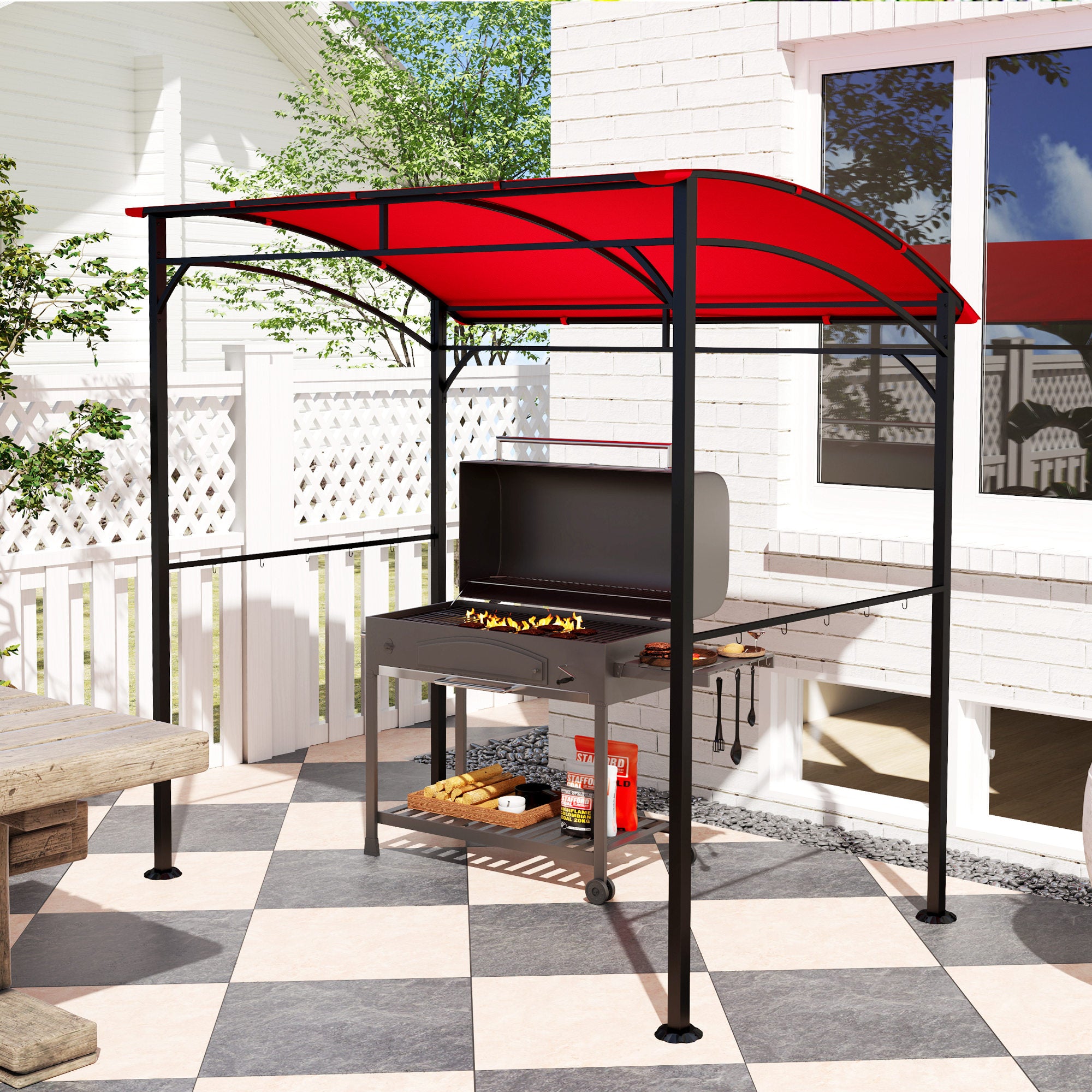 Outsunny 7' x 5' BBQ Grill Gazebo Tent, Garden Grill Canopy with Steel Frame and Hooks, Outdoor Sun Shade, Wine Red