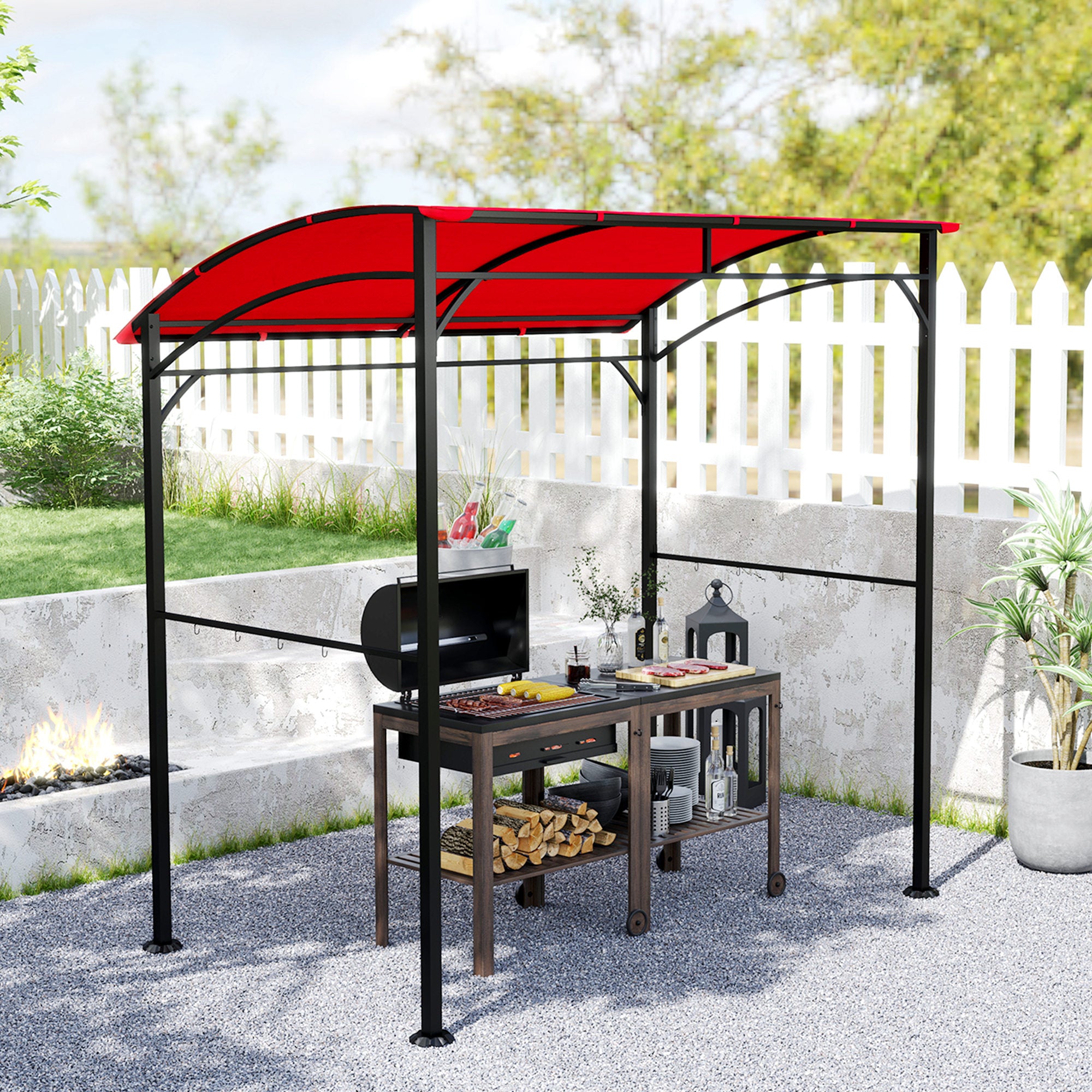 Outsunny 7' x 5' BBQ Grill Gazebo Tent, Garden Grill Canopy with Steel Frame and Hooks, Outdoor Sun Shade, Wine Red