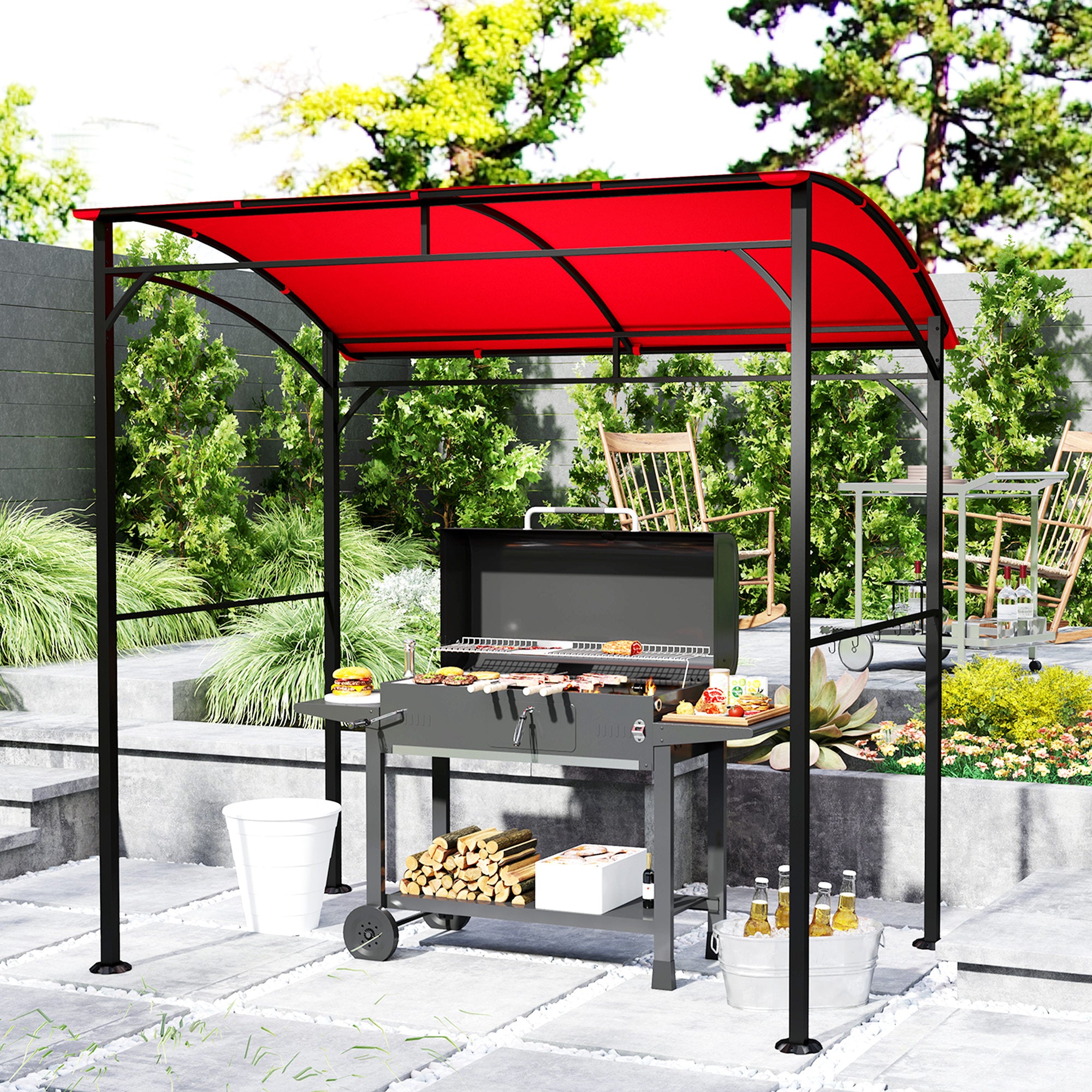 Outsunny 7' x 5' BBQ Grill Gazebo Tent, Garden Grill Canopy with Steel Frame and Hooks, Outdoor Sun Shade, Wine Red