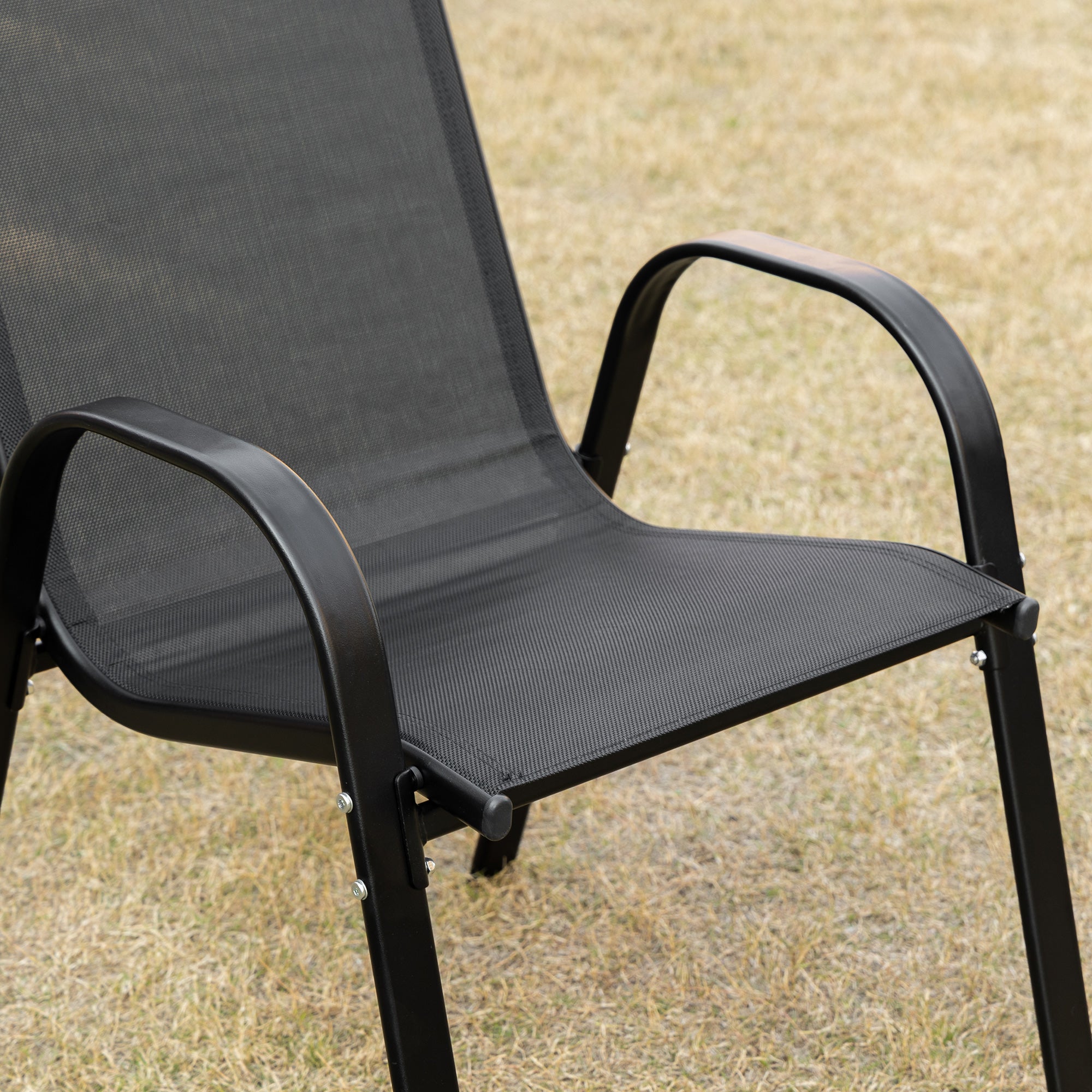 Outsunny 4-Piece Outdoor Dining Chairs, Stackable Patio Dining Chairs with Armrests, All Weather Breathable Fabric, Metal Frame for Porch, Deck, Yard, Garden, Lawn, Black