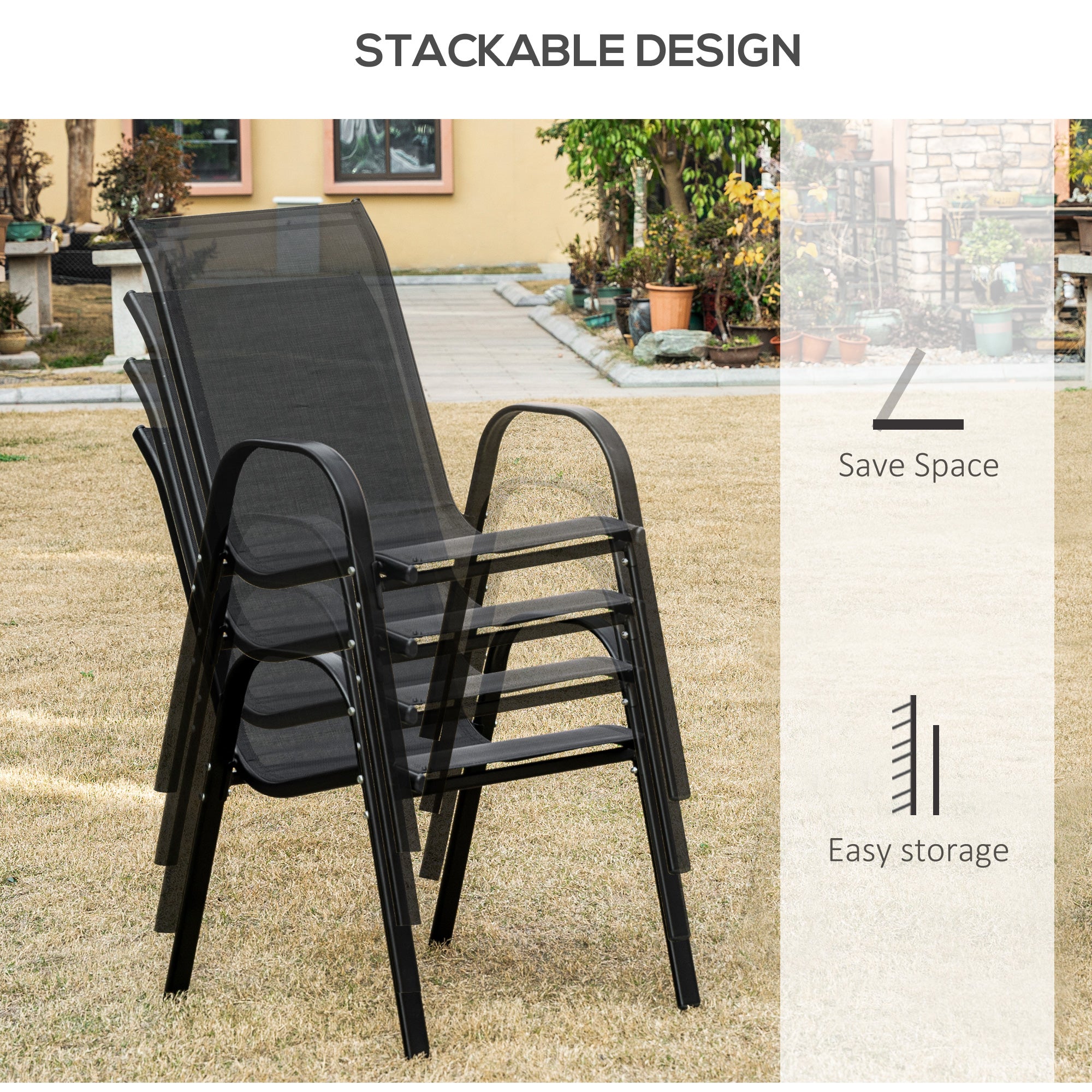 Outsunny 4-Piece Outdoor Dining Chairs, Stackable Patio Dining Chairs with Armrests, All Weather Breathable Fabric, Metal Frame for Porch, Deck, Yard, Garden, Lawn, Black
