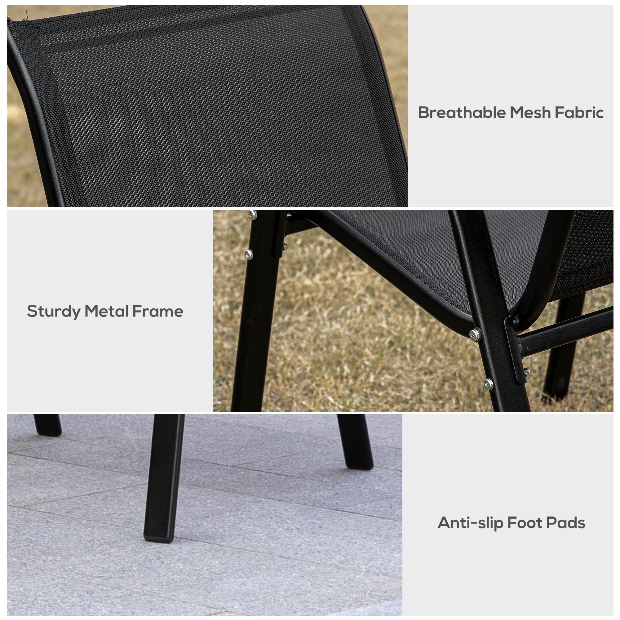 Outsunny 4-Piece Outdoor Dining Chairs, Stackable Patio Dining Chairs with Armrests, All Weather Breathable Fabric, Metal Frame for Porch, Deck, Yard, Garden, Lawn, Black