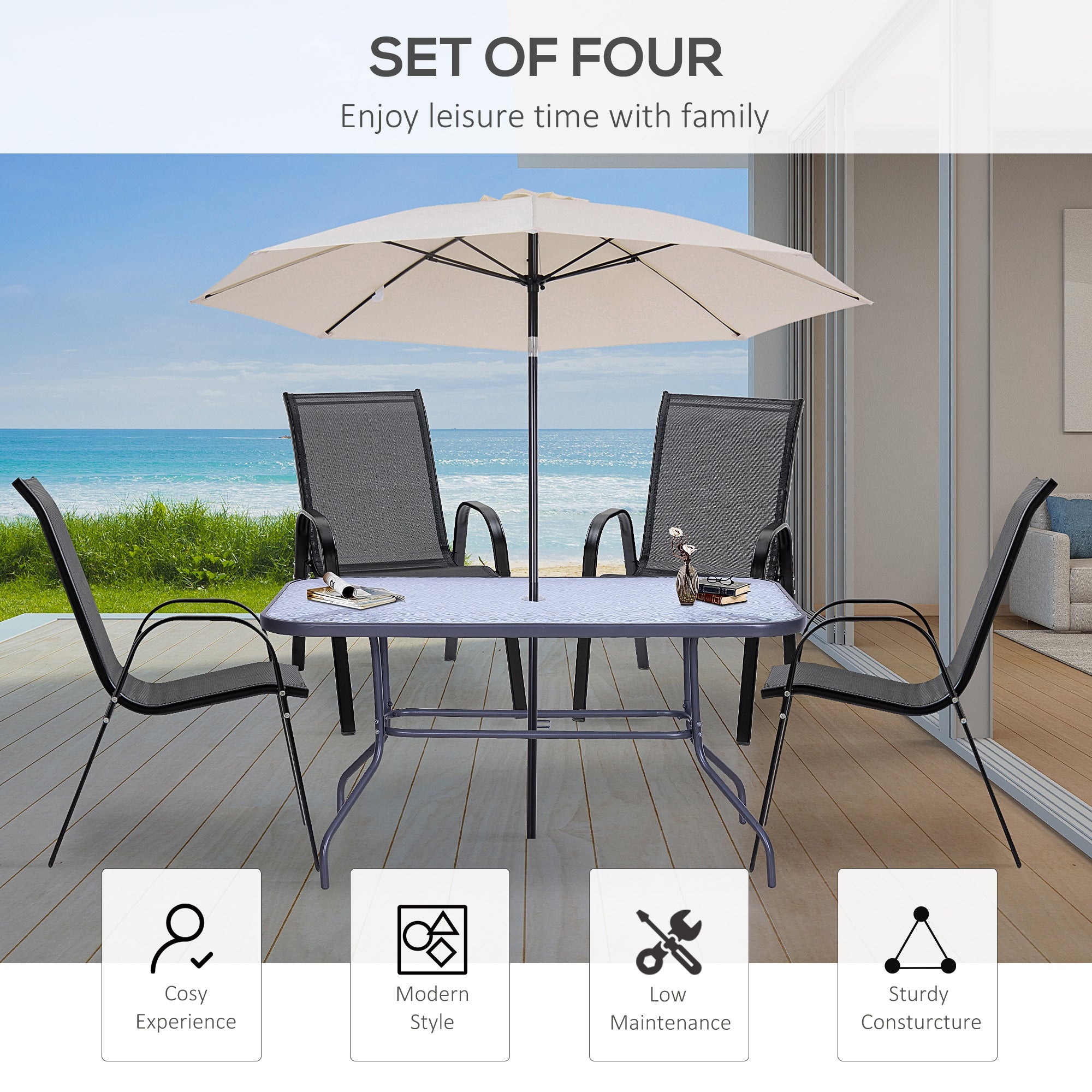 Outsunny 4-Piece Outdoor Dining Chairs, Stackable Patio Dining Chairs with Armrests, All Weather Breathable Fabric, Metal Frame for Porch, Deck, Yard, Garden, Lawn, Black