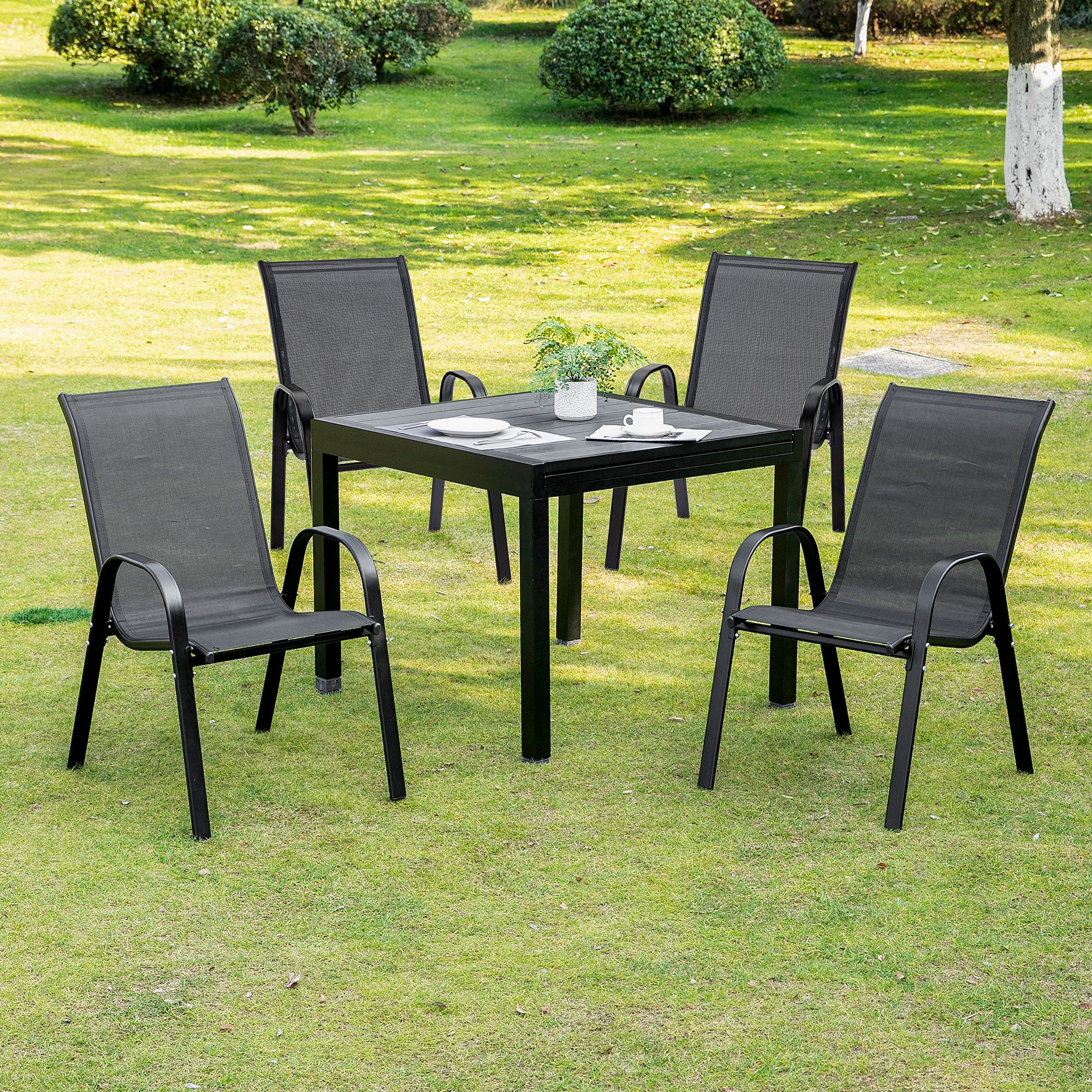Outsunny 4-Piece Outdoor Dining Chairs, Stackable Patio Dining Chairs with Armrests, All Weather Breathable Fabric, Metal Frame for Porch, Deck, Yard, Garden, Lawn, Black