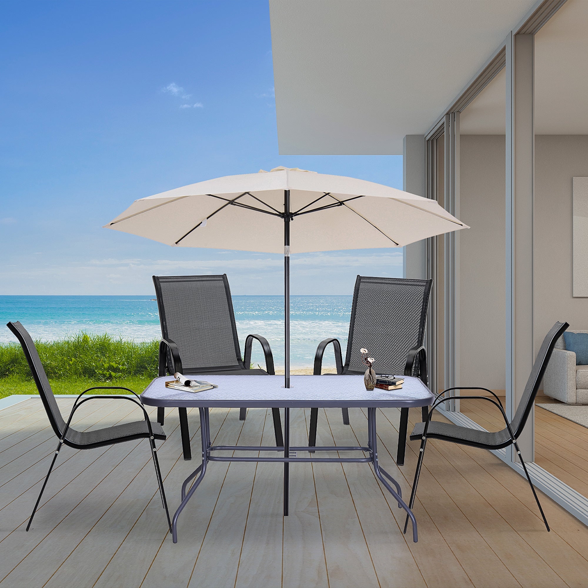 Outsunny 4-Piece Outdoor Dining Chairs, Stackable Patio Dining Chairs with Armrests, All Weather Breathable Fabric, Metal Frame for Porch, Deck, Yard, Garden, Lawn, Black