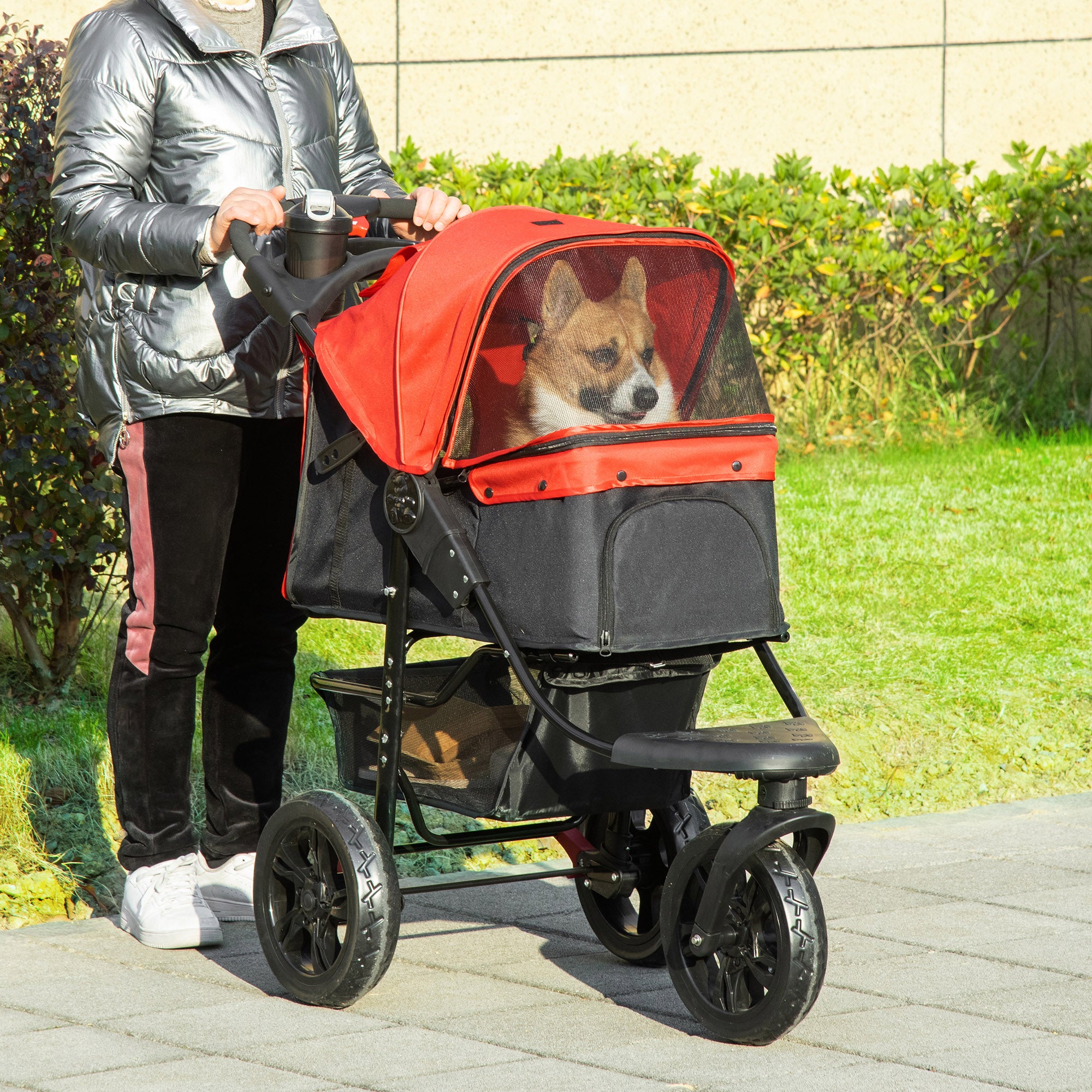 PawHut 3 Wheel Folding Dog Pet Stroller Jogger Travel Carrier Adjustable Canopy Storage Brake Mesh Window for Small Medium Dog Cat Red