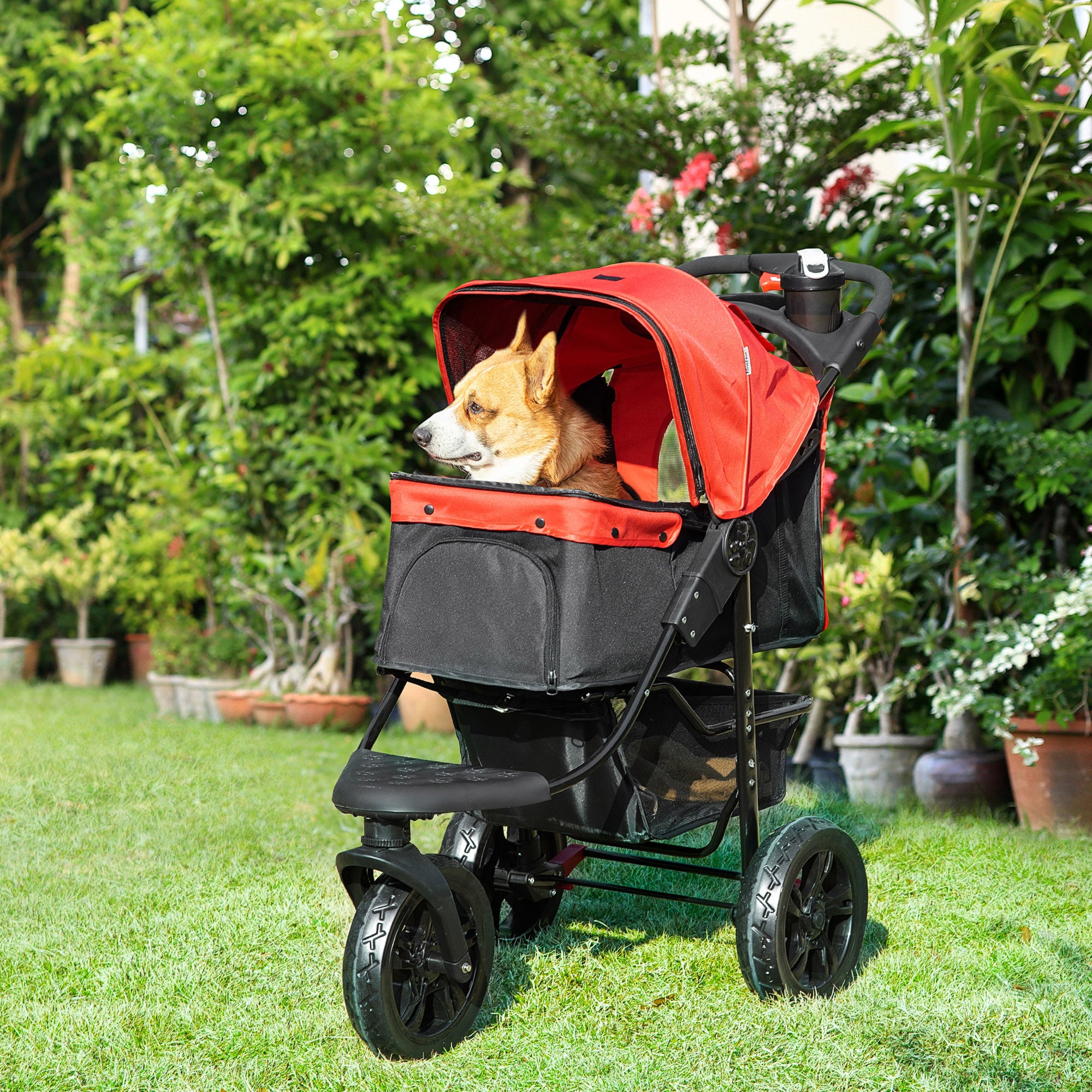 PawHut 3 Wheel Folding Dog Pet Stroller Jogger Travel Carrier Adjustable Canopy Storage Brake Mesh Window for Small Medium Dog Cat Red