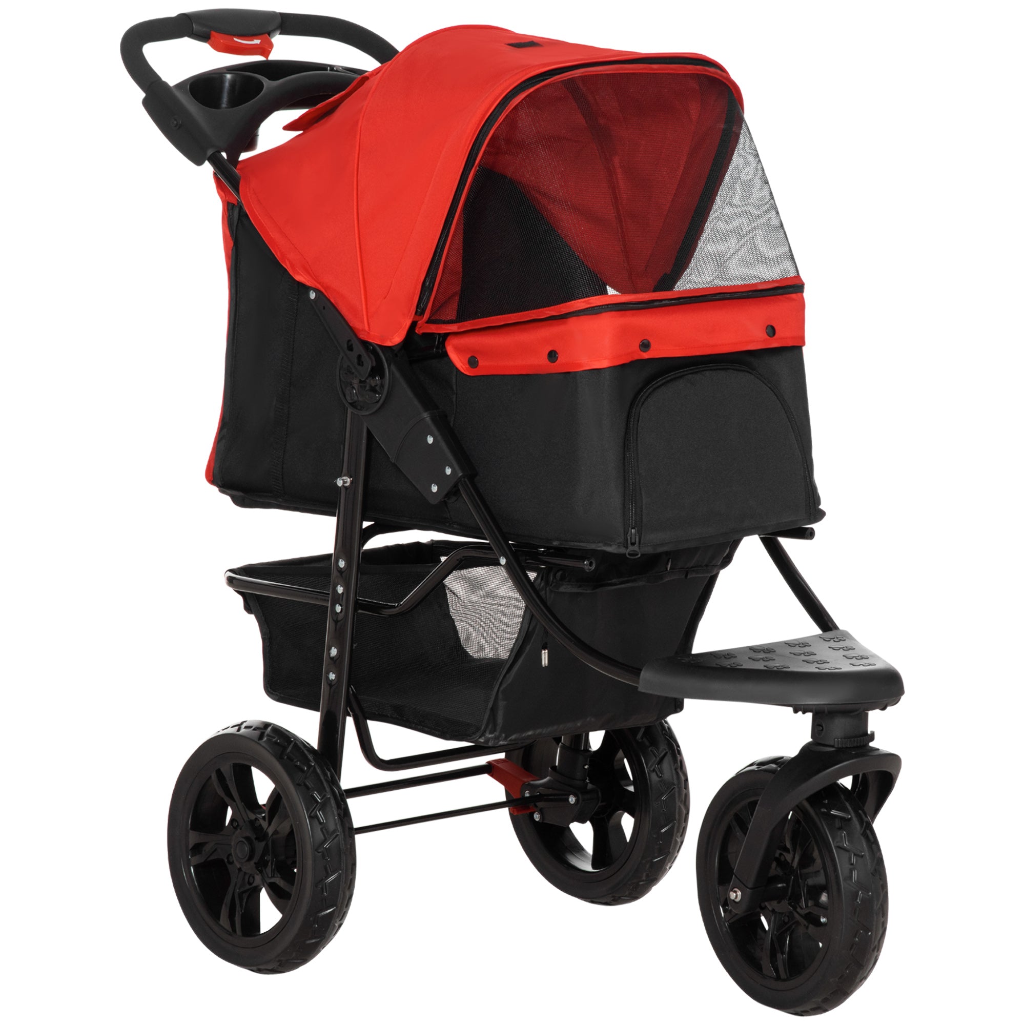 PawHut 3 Wheel Folding Dog Pet Stroller Jogger Travel Carrier Adjustable Canopy Storage Brake Mesh Window for Small Medium Dog Cat Red