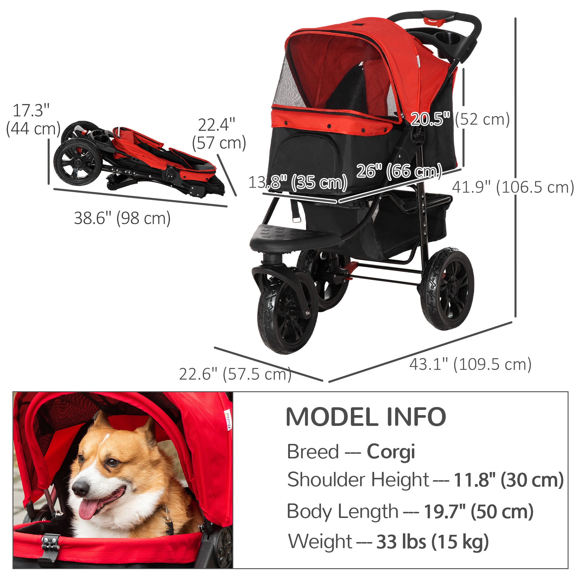PawHut 3 Wheel Folding Dog Pet Stroller Jogger Travel Carrier Adjustable Canopy Storage Brake Mesh Window for Small Medium Dog Cat Red