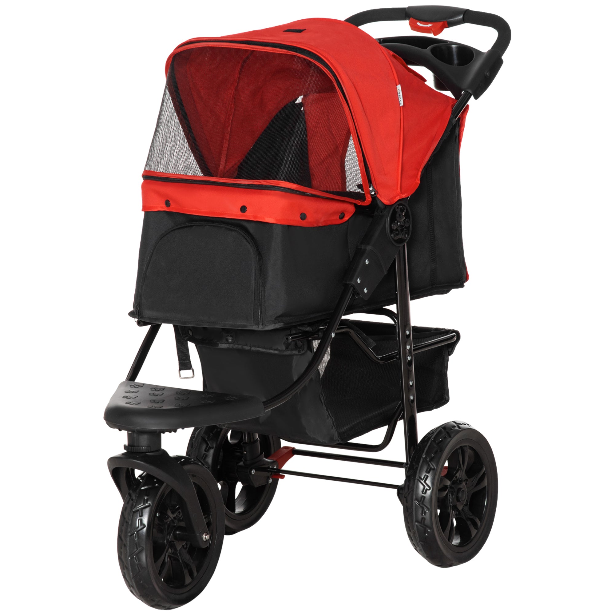 PawHut 3 Wheel Folding Dog Pet Stroller Jogger Travel Carrier Adjustable Canopy Storage Brake Mesh Window for Small Medium Dog Cat Red