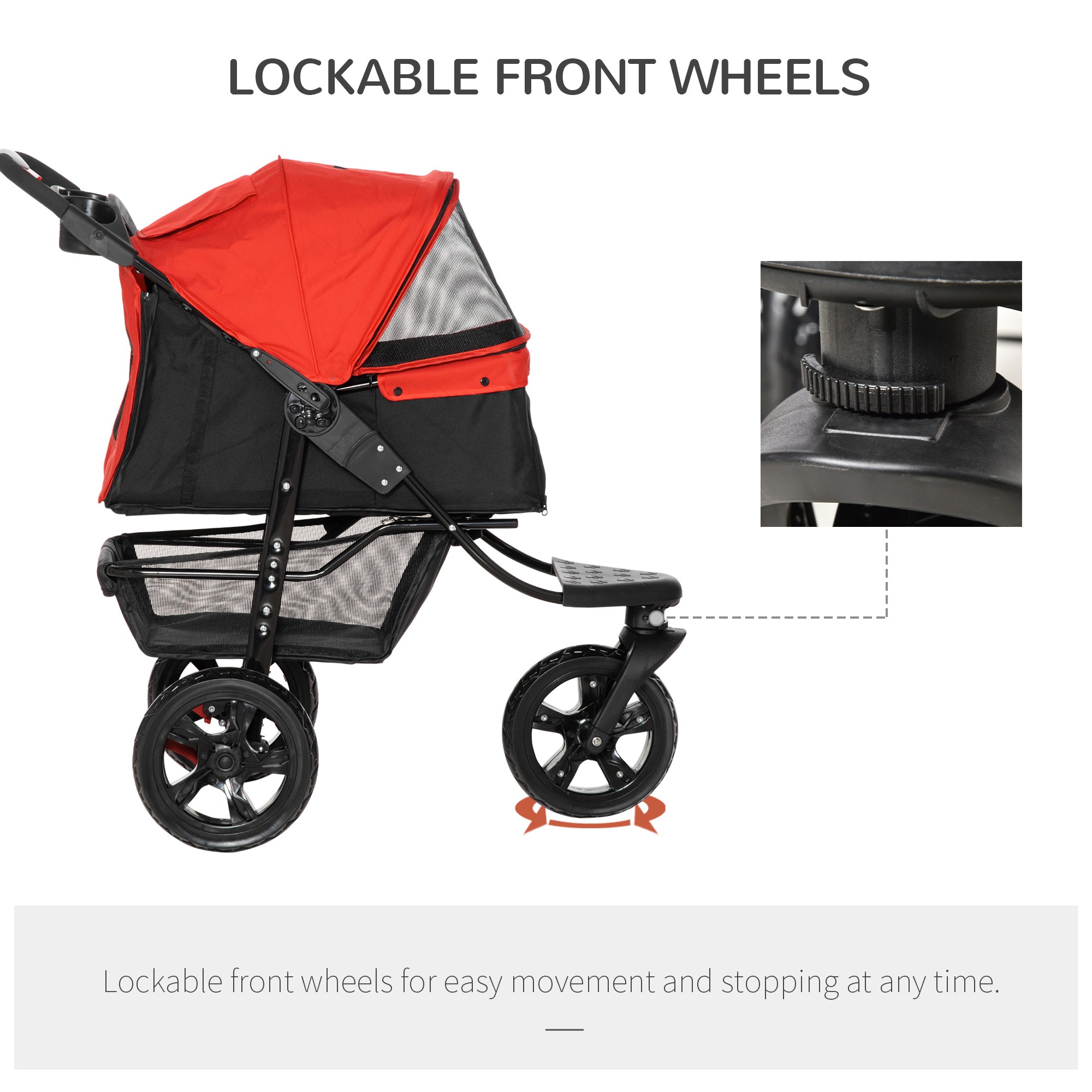 PawHut 3 Wheel Folding Dog Pet Stroller Jogger Travel Carrier Adjustable Canopy Storage Brake Mesh Window for Small Medium Dog Cat Red