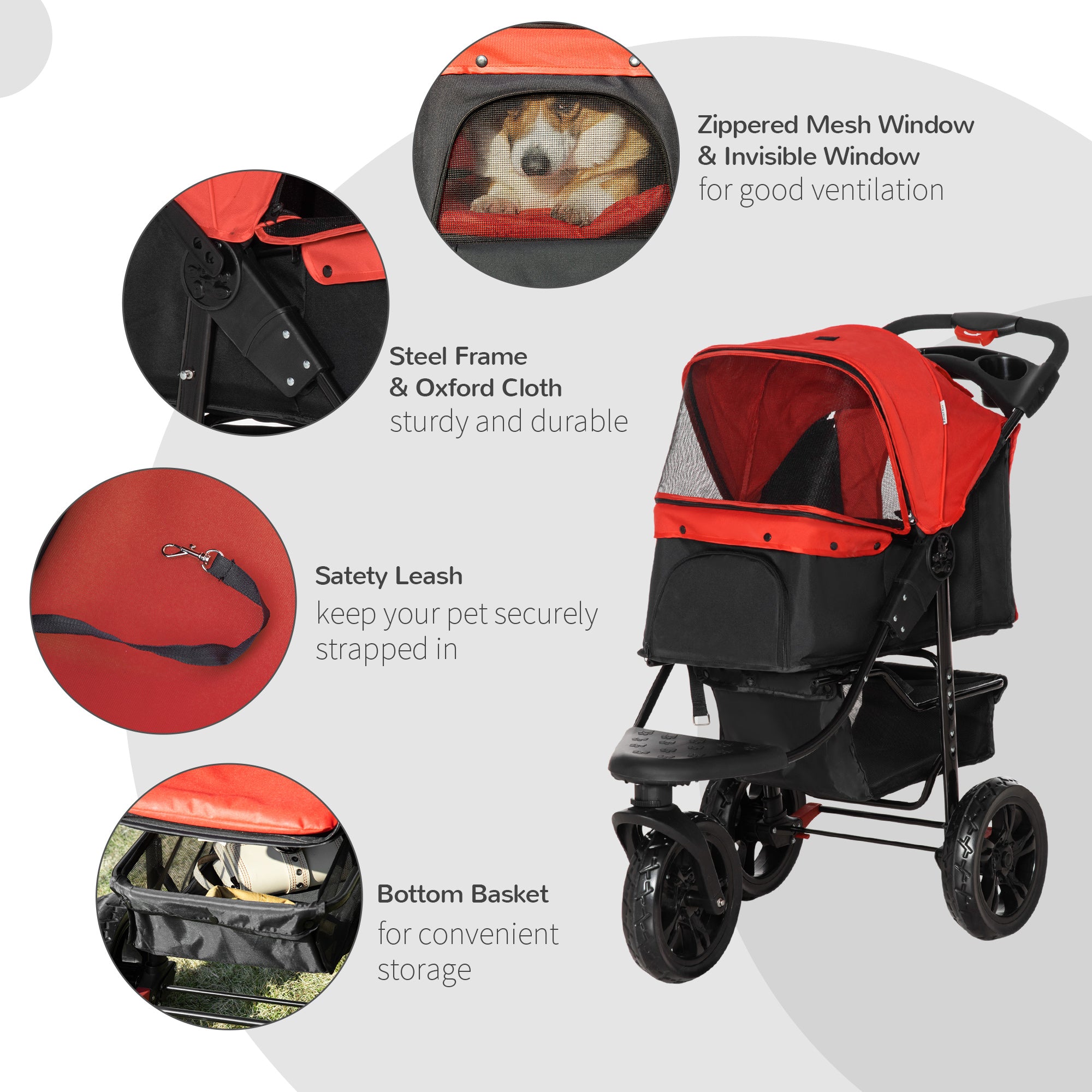 PawHut 3 Wheel Folding Dog Pet Stroller Jogger Travel Carrier Adjustable Canopy Storage Brake Mesh Window for Small Medium Dog Cat Red