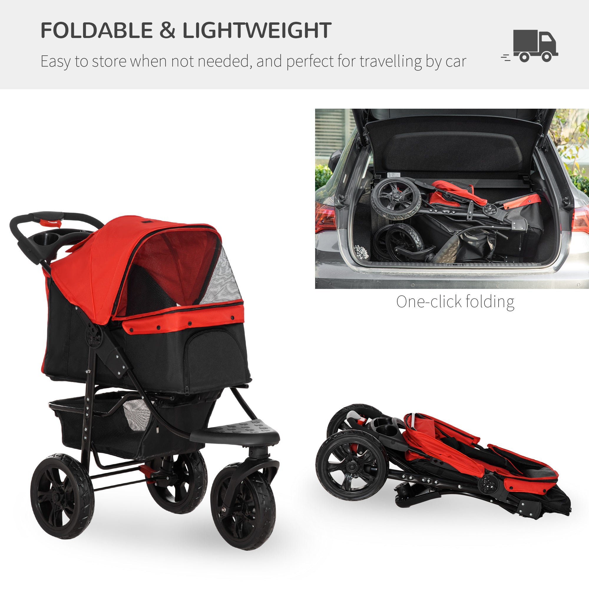 PawHut 3 Wheel Folding Dog Pet Stroller Jogger Travel Carrier Adjustable Canopy Storage Brake Mesh Window for Small Medium Dog Cat Red