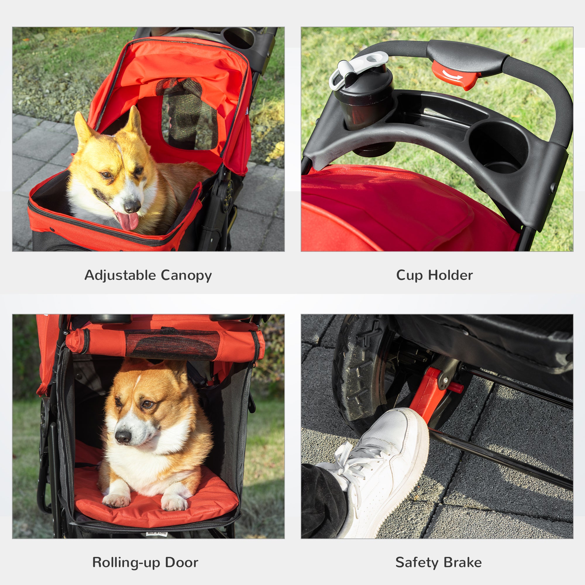 PawHut 3 Wheel Folding Dog Pet Stroller Jogger Travel Carrier Adjustable Canopy Storage Brake Mesh Window for Small Medium Dog Cat Red