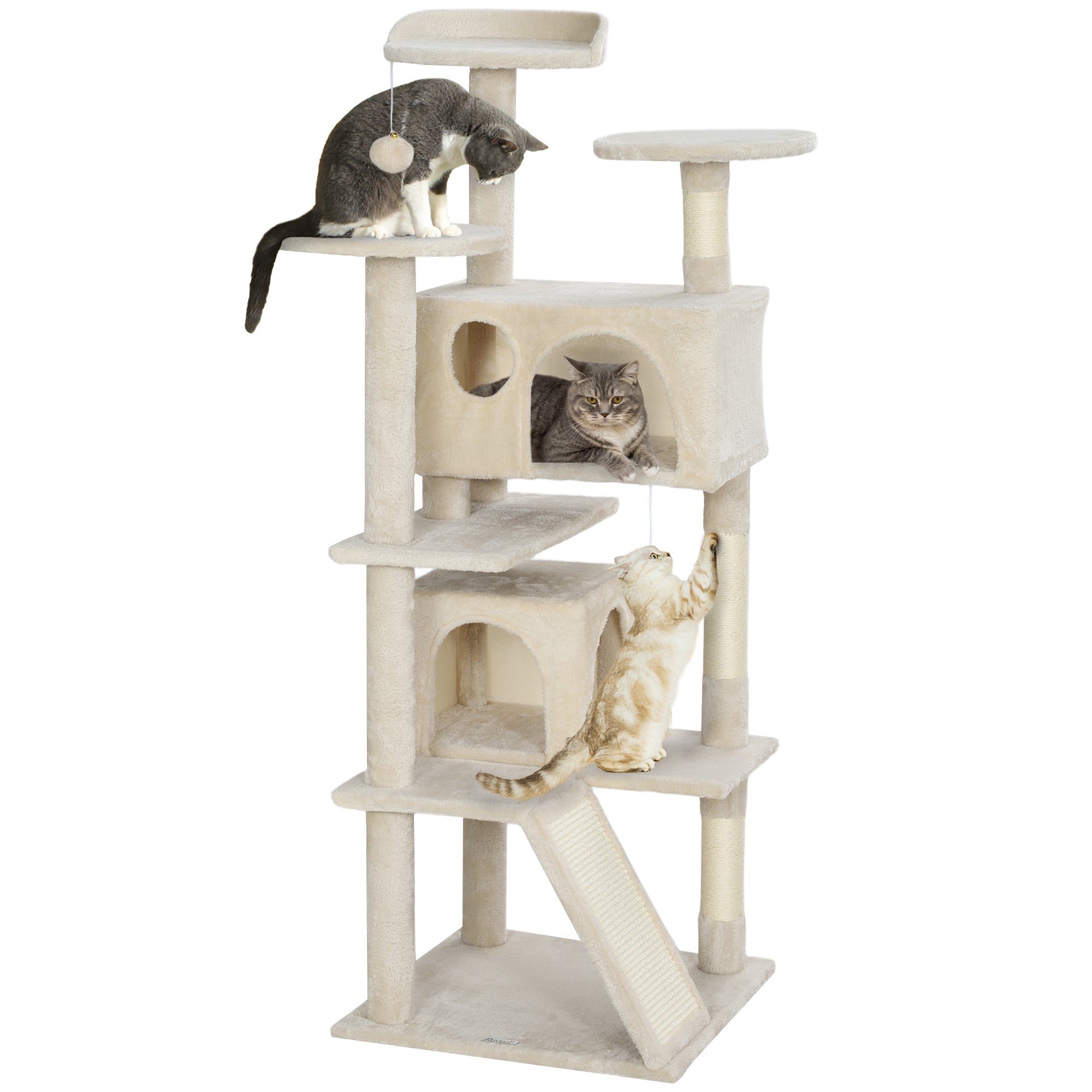 PawHut 54" Cat Tree, Cat Tower for Indoor Cats with Scratching Posts, Cat Condos, Bed, Platforms, Ramp, Toy Ball, Cat Activity Center, Beige