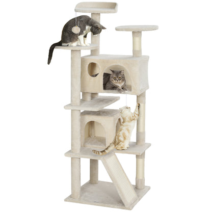 PawHut 54" Cat Tree, Cat Tower for Indoor Cats with Scratching Posts, Cat Condos, Bed, Platforms, Ramp, Toy Ball, Cat Activity Center, Beige