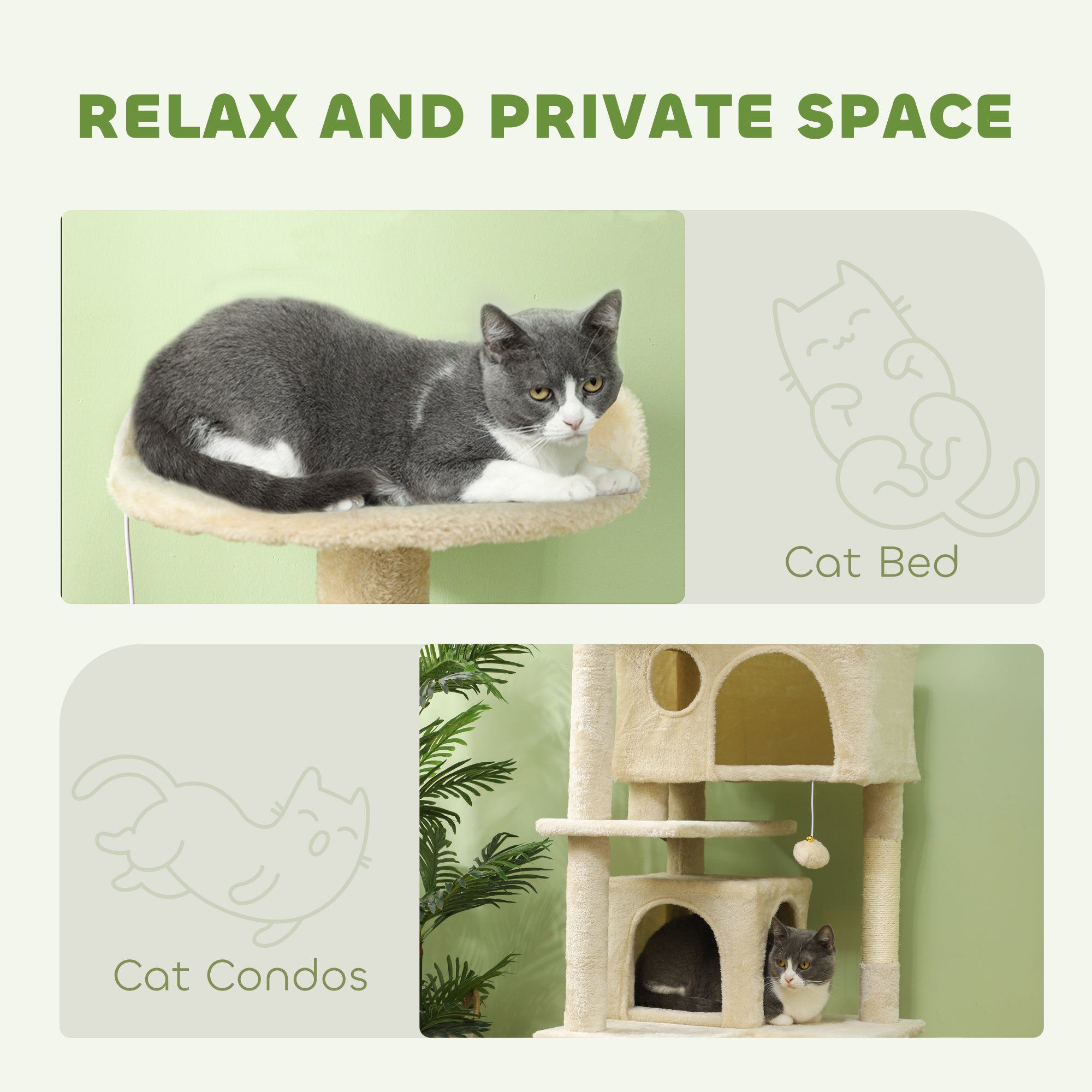 PawHut 54" Cat Tree, Cat Tower for Indoor Cats with Scratching Posts, Cat Condos, Bed, Platforms, Ramp, Toy Ball, Cat Activity Center, Beige