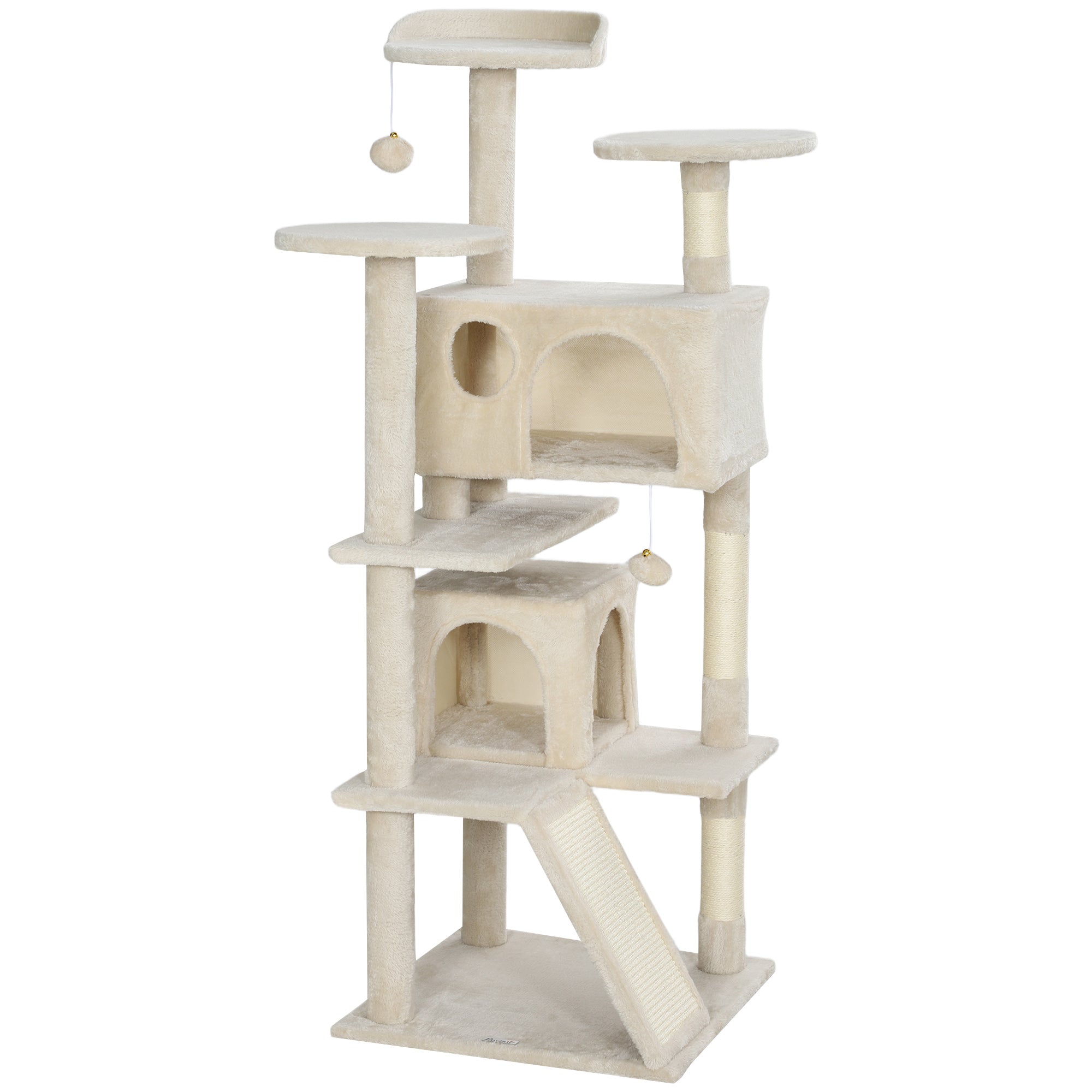 PawHut 54" Cat Tree, Cat Tower for Indoor Cats with Scratching Posts, Cat Condos, Bed, Platforms, Ramp, Toy Ball, Cat Activity Center, Beige