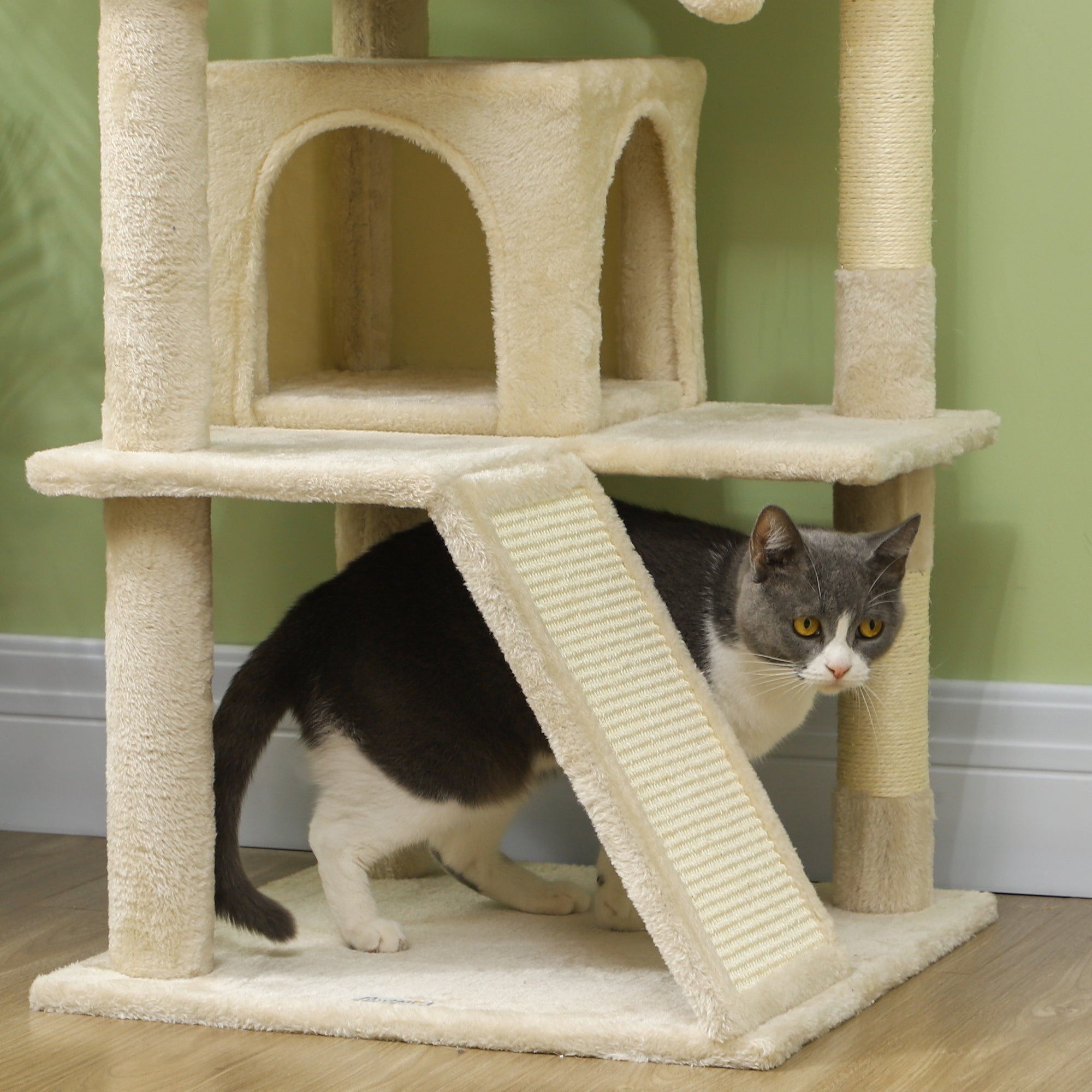 PawHut 54" Cat Tree, Cat Tower for Indoor Cats with Scratching Posts, Cat Condos, Bed, Platforms, Ramp, Toy Ball, Cat Activity Center, Beige