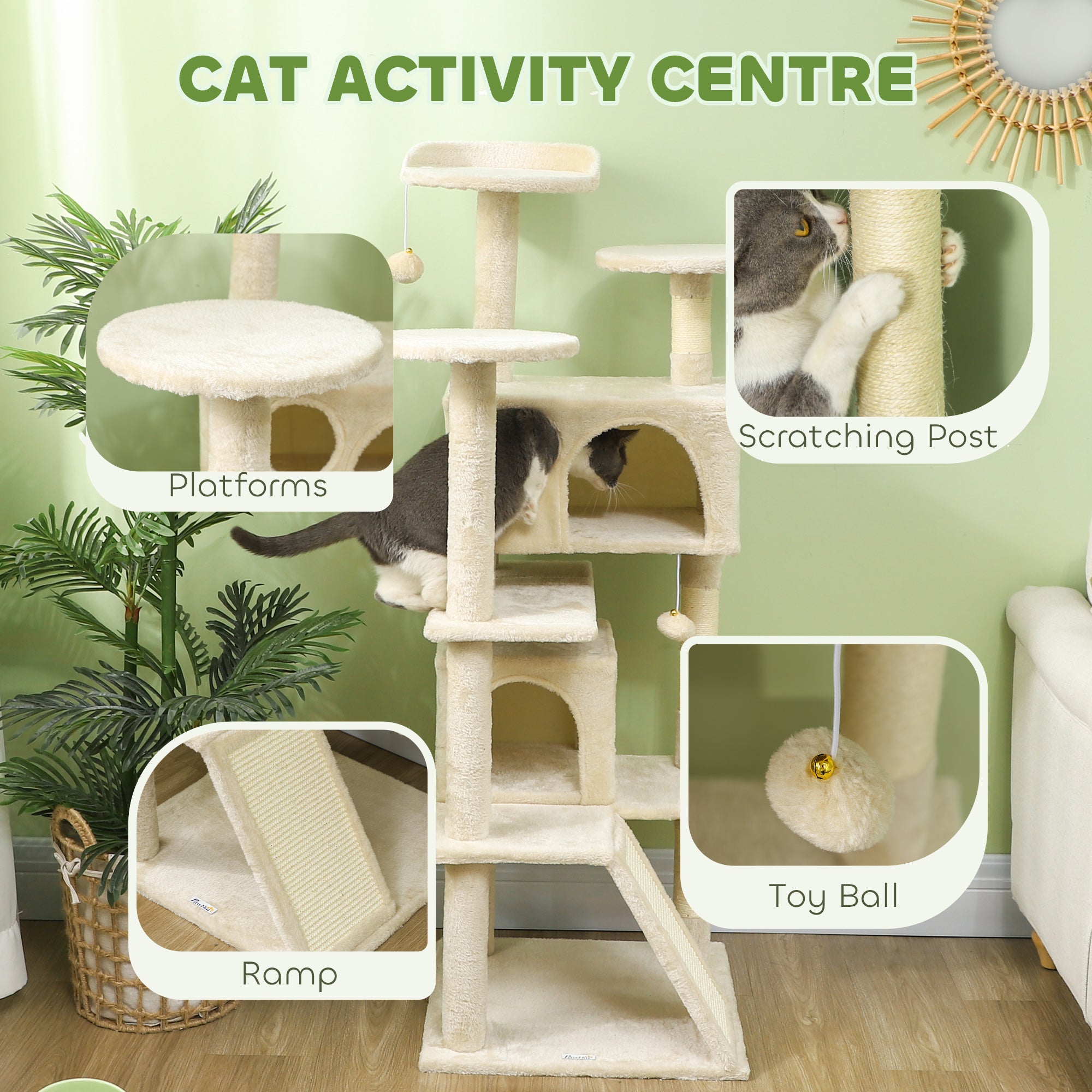 PawHut 54" Cat Tree, Cat Tower for Indoor Cats with Scratching Posts, Cat Condos, Bed, Platforms, Ramp, Toy Ball, Cat Activity Center, Beige