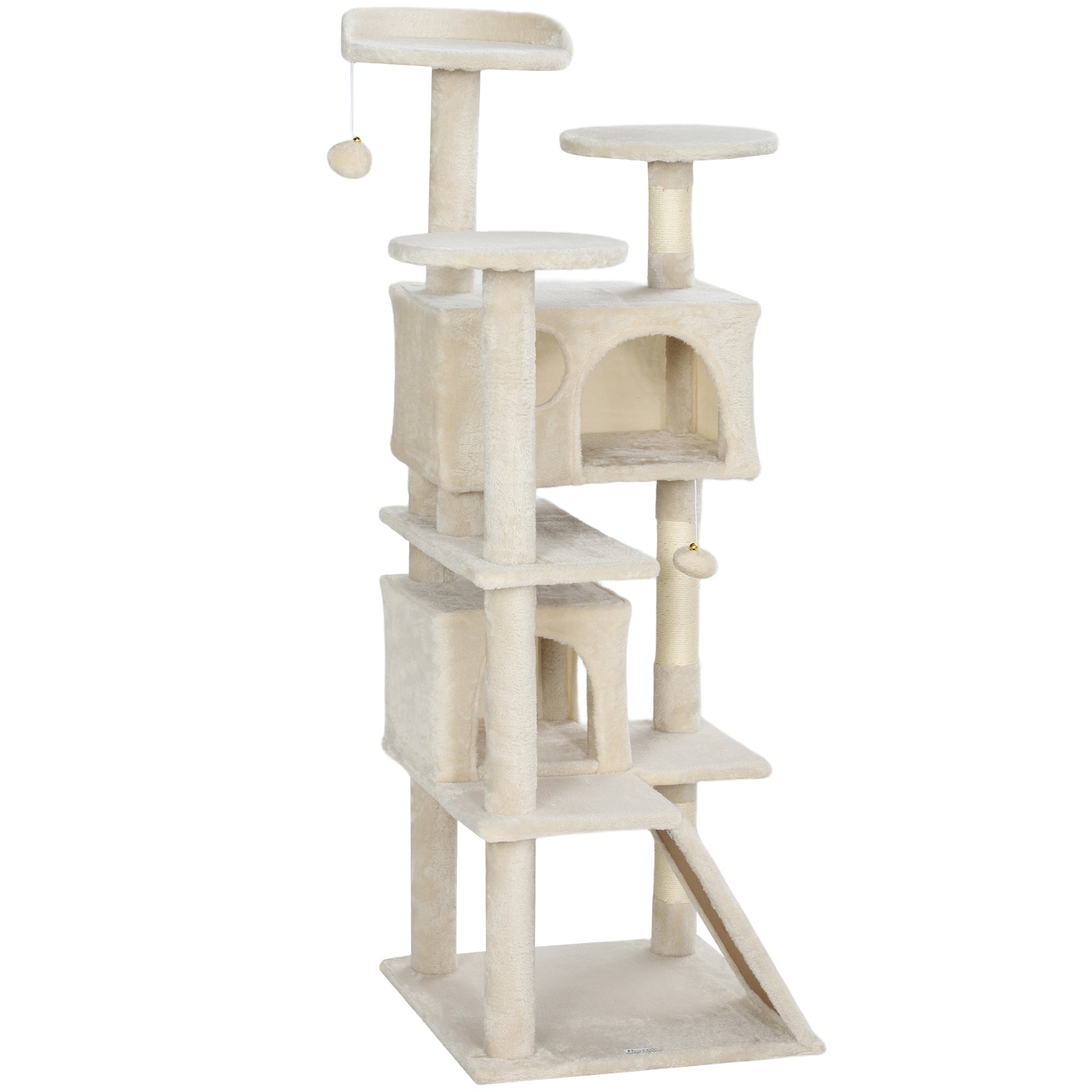 PawHut 54" Cat Tree, Cat Tower for Indoor Cats with Scratching Posts, Cat Condos, Bed, Platforms, Ramp, Toy Ball, Cat Activity Center, Beige