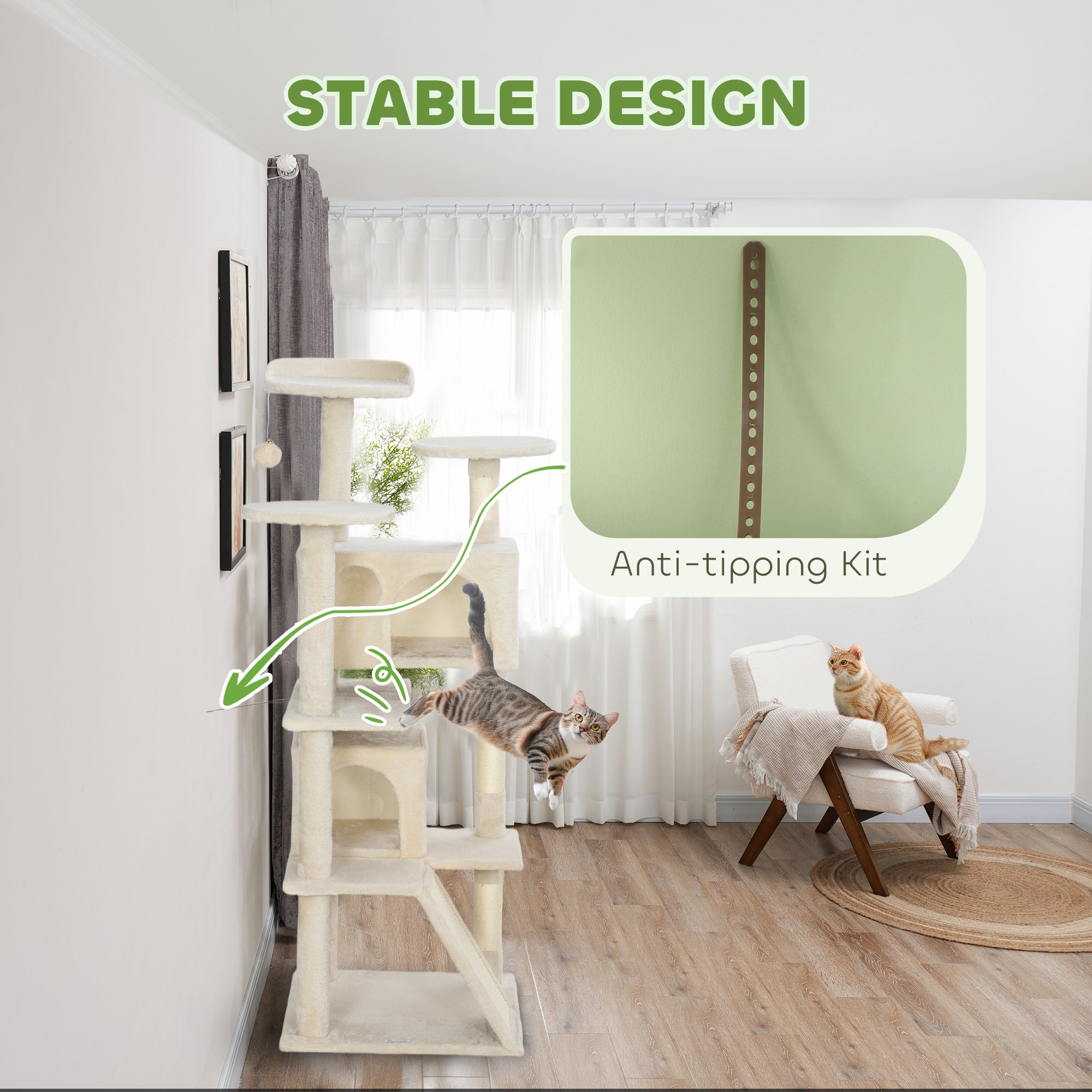 PawHut 54" Cat Tree, Cat Tower for Indoor Cats with Scratching Posts, Cat Condos, Bed, Platforms, Ramp, Toy Ball, Cat Activity Center, Beige