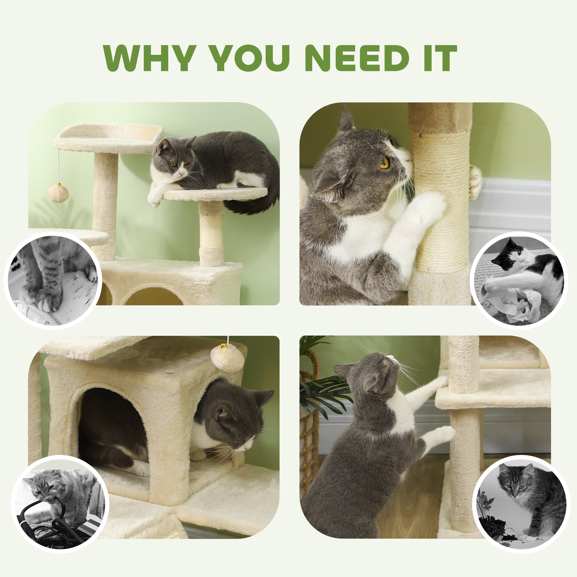 PawHut 54" Cat Tree, Cat Tower for Indoor Cats with Scratching Posts, Cat Condos, Bed, Platforms, Ramp, Toy Ball, Cat Activity Center, Beige