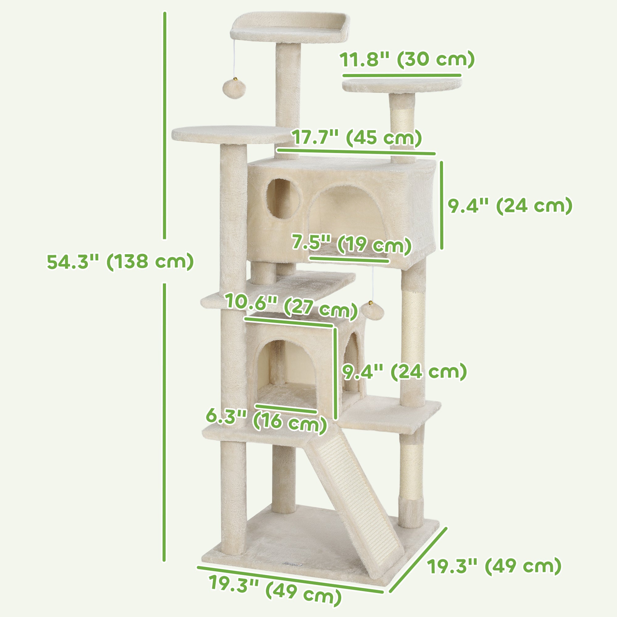 PawHut 54" Cat Tree, Cat Tower for Indoor Cats with Scratching Posts, Cat Condos, Bed, Platforms, Ramp, Toy Ball, Cat Activity Center, Beige