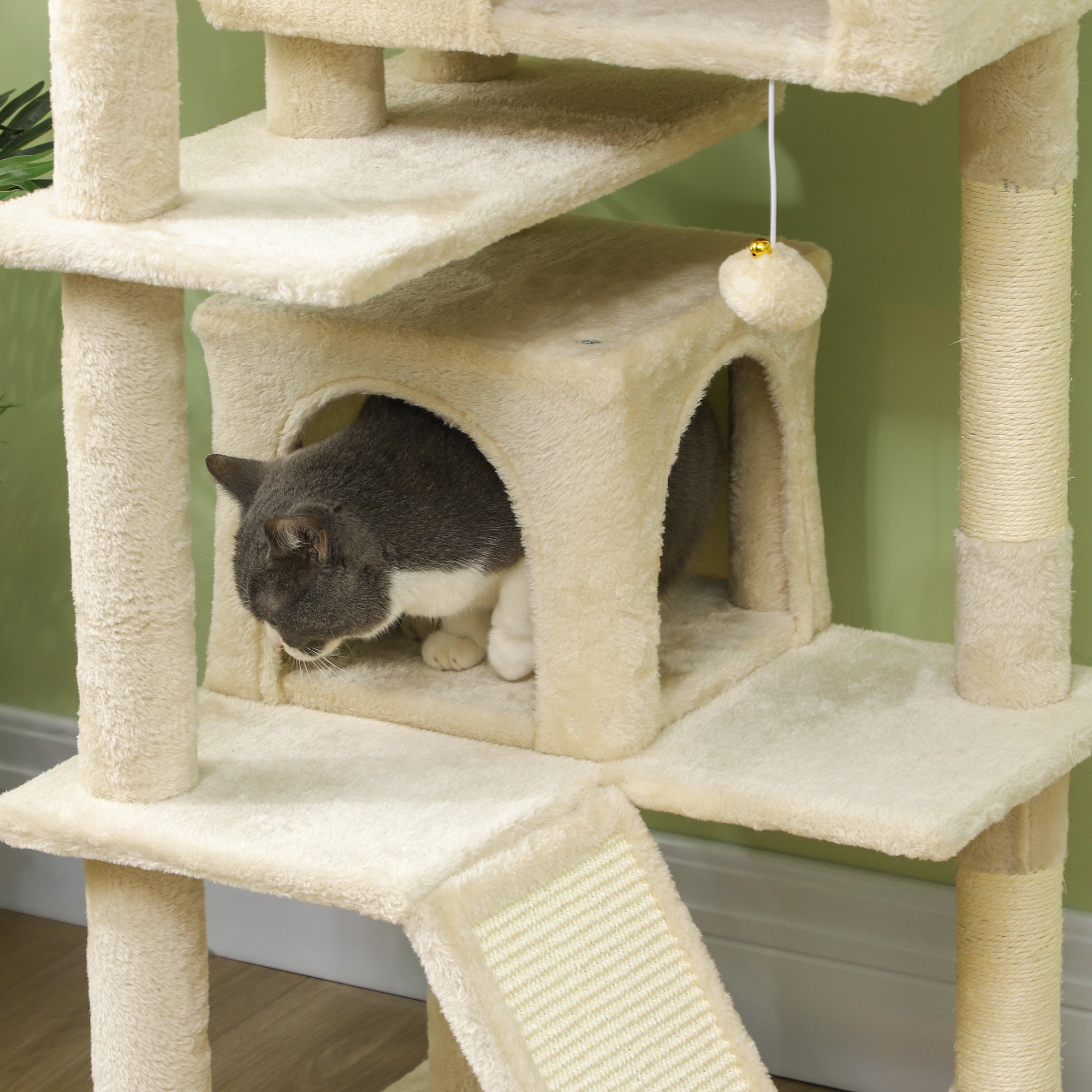 PawHut 54" Cat Tree, Cat Tower for Indoor Cats with Scratching Posts, Cat Condos, Bed, Platforms, Ramp, Toy Ball, Cat Activity Center, Beige