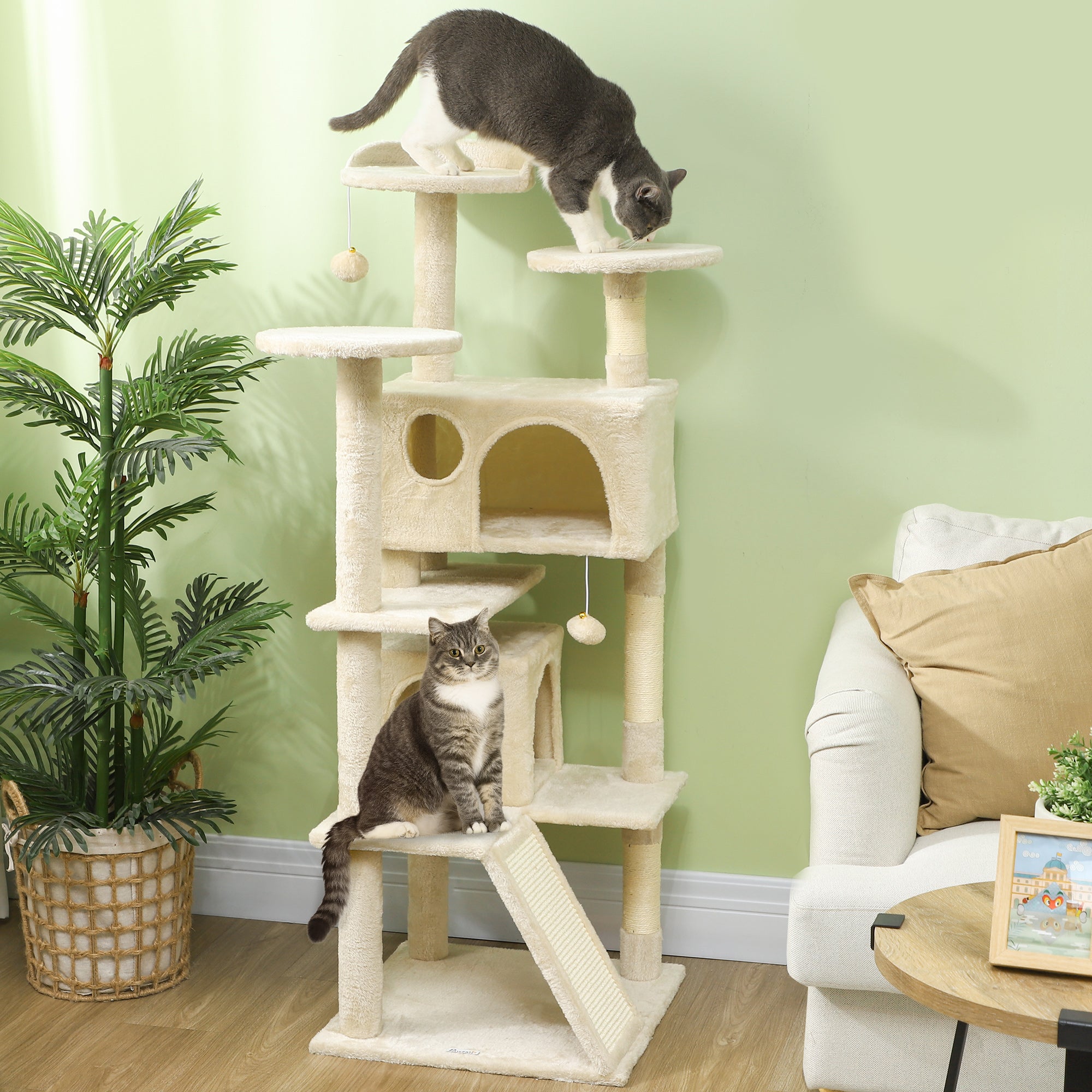 PawHut 54" Cat Tree, Cat Tower for Indoor Cats with Scratching Posts, Cat Condos, Bed, Platforms, Ramp, Toy Ball, Cat Activity Center, Beige