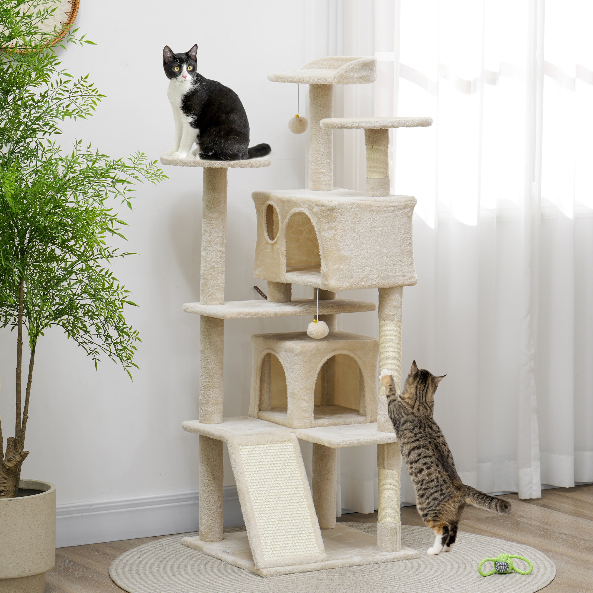 PawHut 54" Cat Tree, Cat Tower for Indoor Cats with Scratching Posts, Cat Condos, Bed, Platforms, Ramp, Toy Ball, Cat Activity Center, Beige
