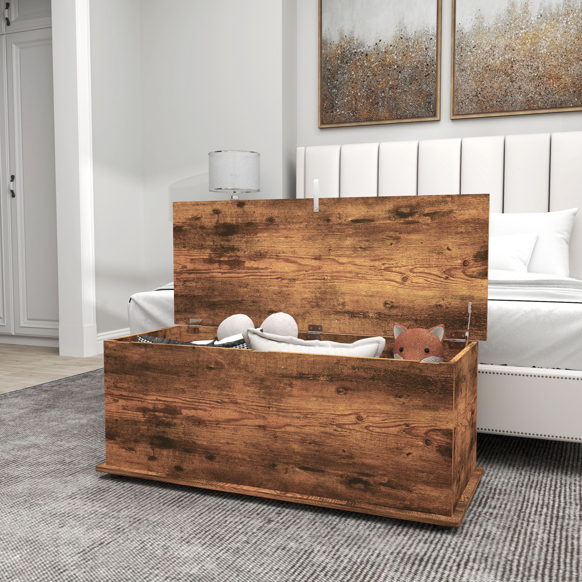 HOMCOM 39.5" Lift Top Storage Chest with 2 Safety Hinges, Storage Box Organizer with Flip-Top Lid, Entryway Bench, Rustic Brown