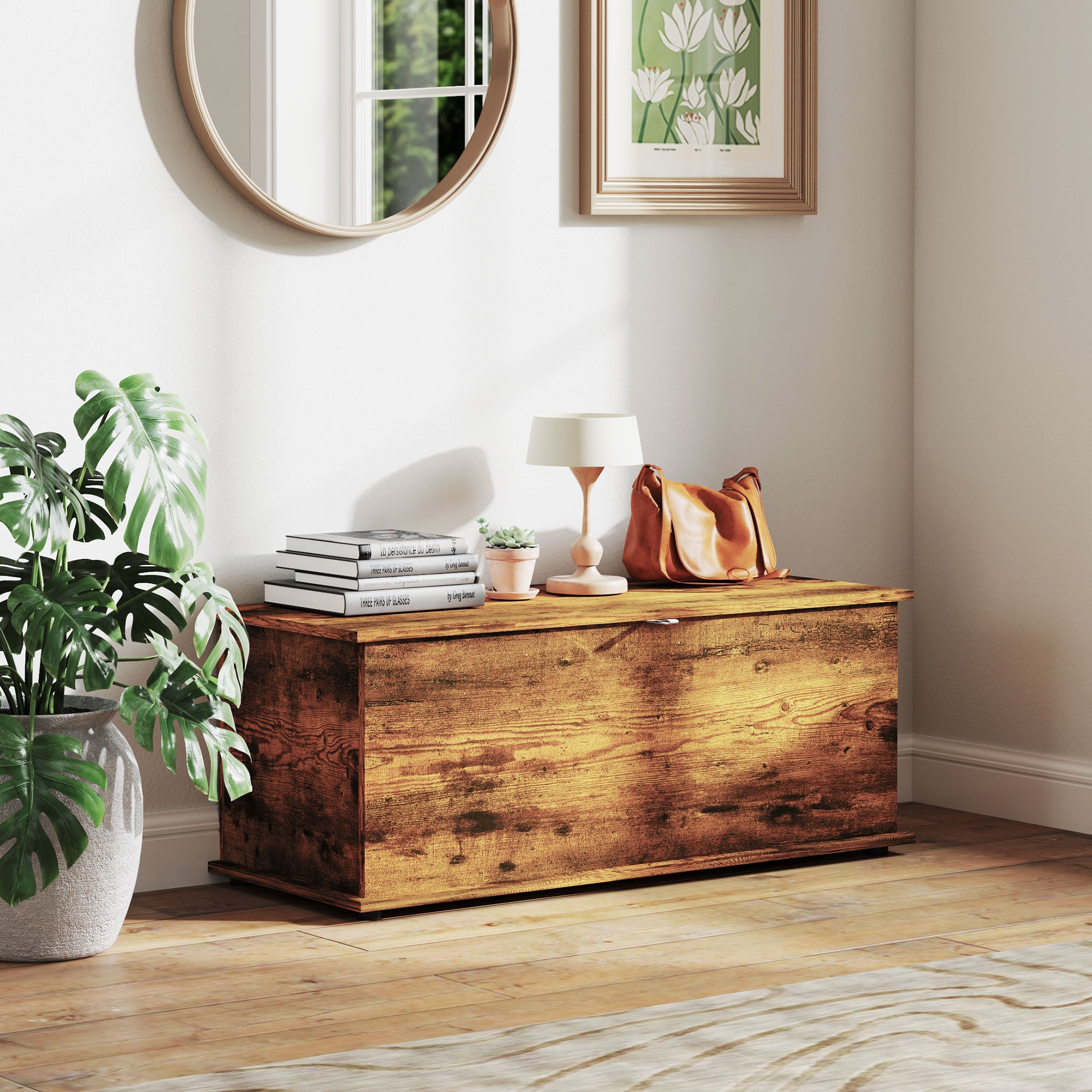 HOMCOM 39.5" Lift Top Storage Chest with 2 Safety Hinges, Storage Box Organizer with Flip-Top Lid, Entryway Bench, Rustic Brown
