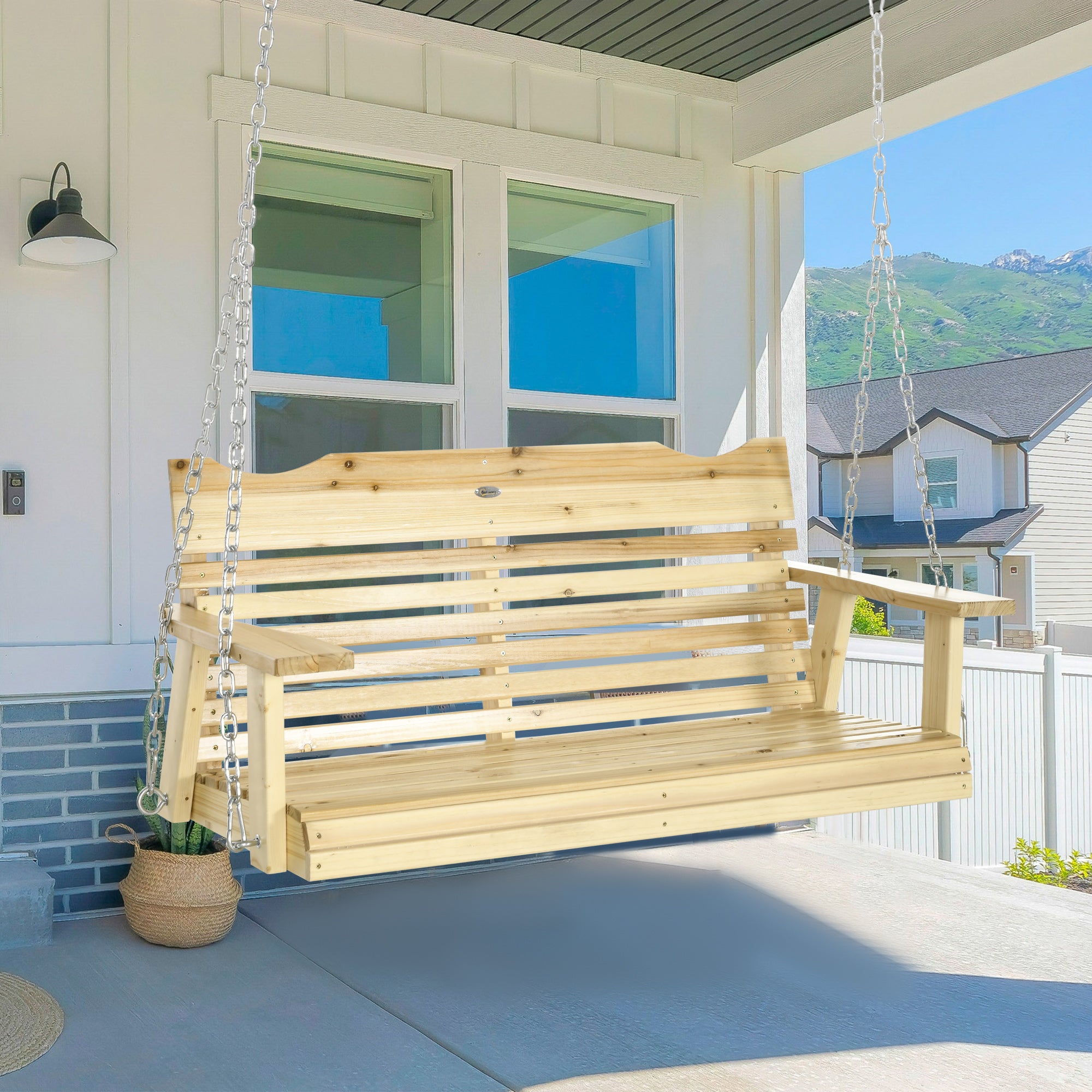 Outsunny 2-Seater Wood Porch Swing, Patio Swing Bench with Adjustable Hanging Chains for Deck, Patio, Garden, Backyard, Natural Wood