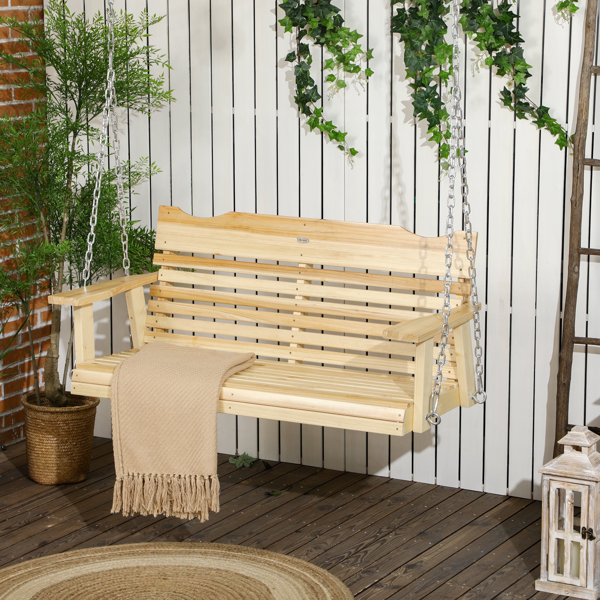 Outsunny 2-Seater Wood Porch Swing, Patio Swing Bench with Adjustable Hanging Chains for Deck, Patio, Garden, Backyard, Natural Wood