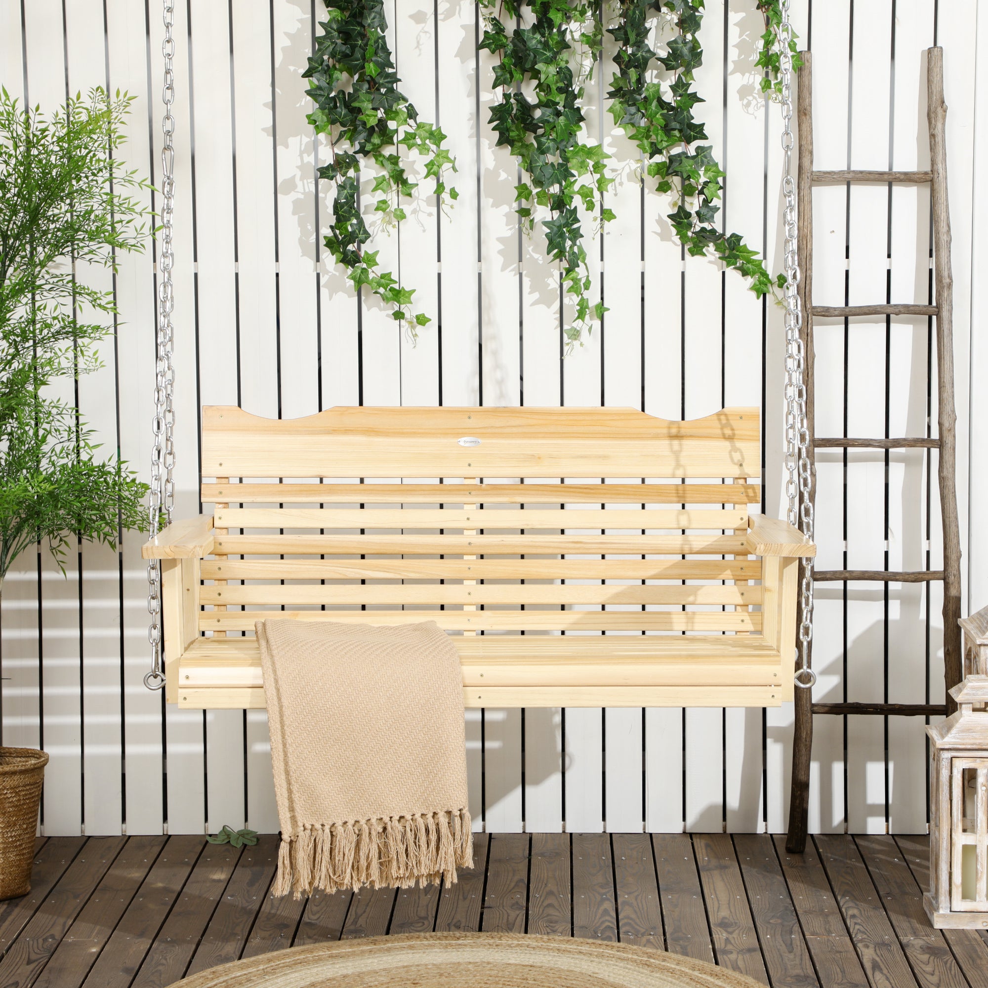 Outsunny 2-Seater Wood Porch Swing, Patio Swing Bench with Adjustable Hanging Chains for Deck, Patio, Garden, Backyard, Natural Wood