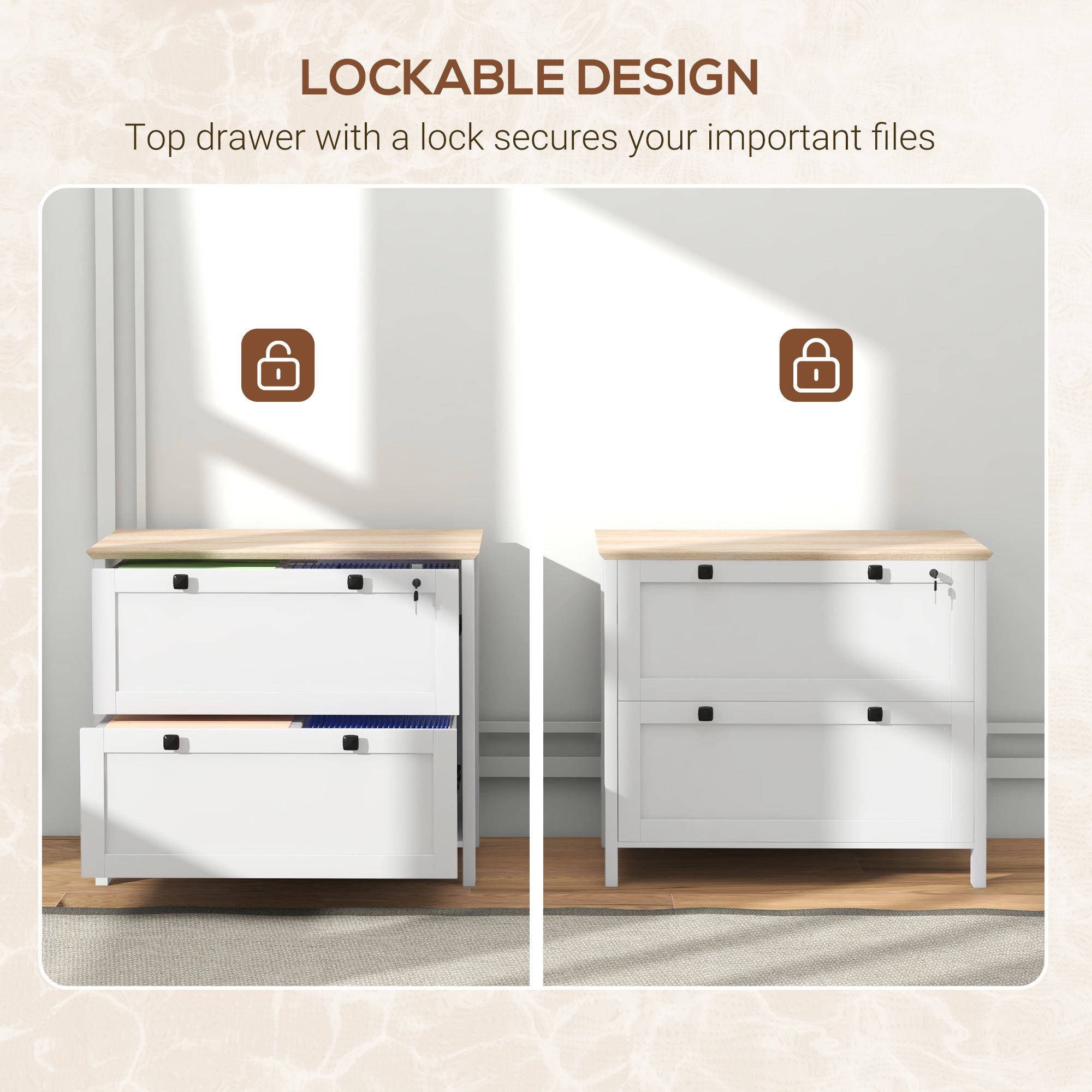 HOMCOM Lateral File Cabinet with 2 Drawer, Lockable Filing Cabinet with Adjustable Hanging Bar for Letter, A4 and Legal Size, White