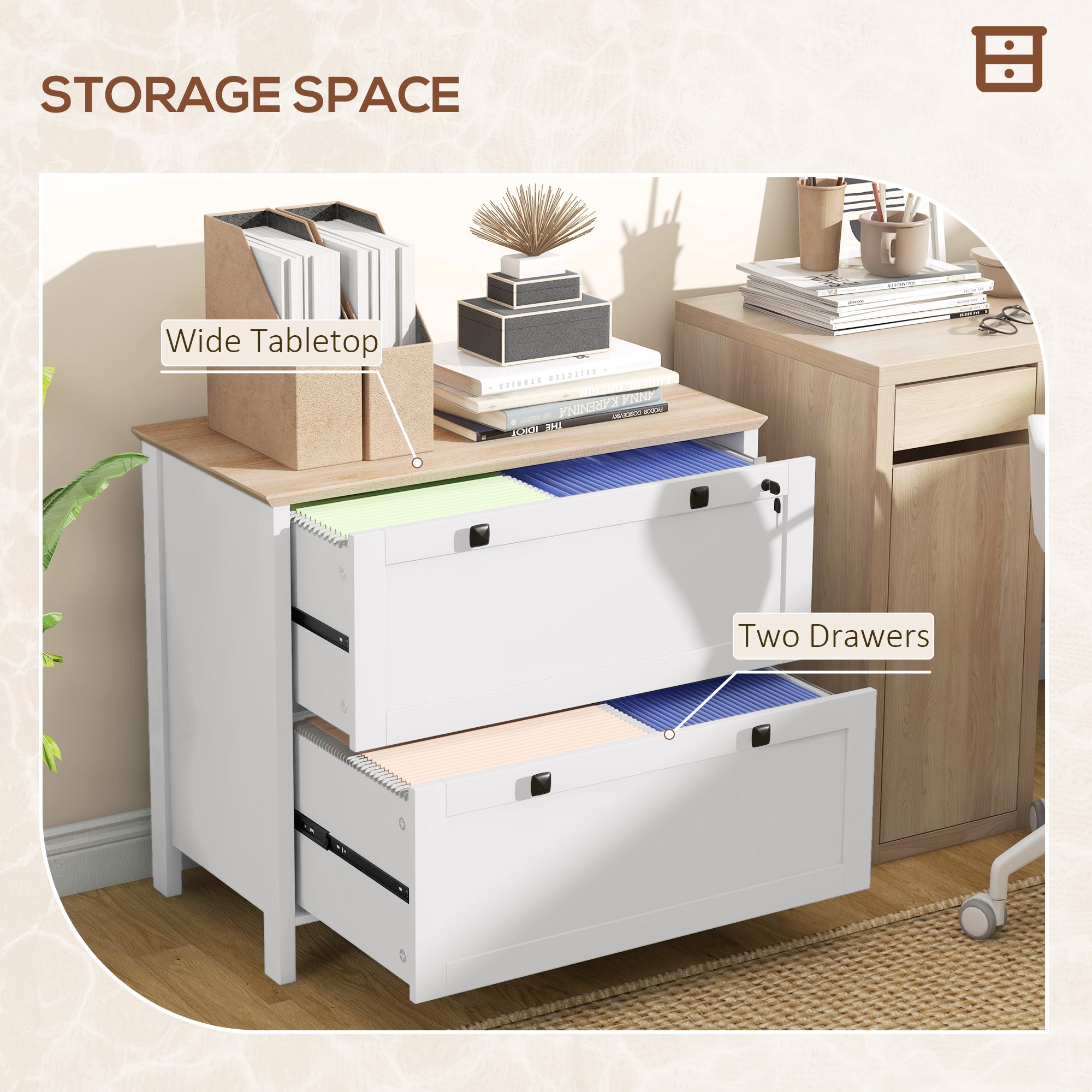 HOMCOM Lateral File Cabinet with 2 Drawer, Lockable Filing Cabinet with Adjustable Hanging Bar for Letter, A4 and Legal Size, White