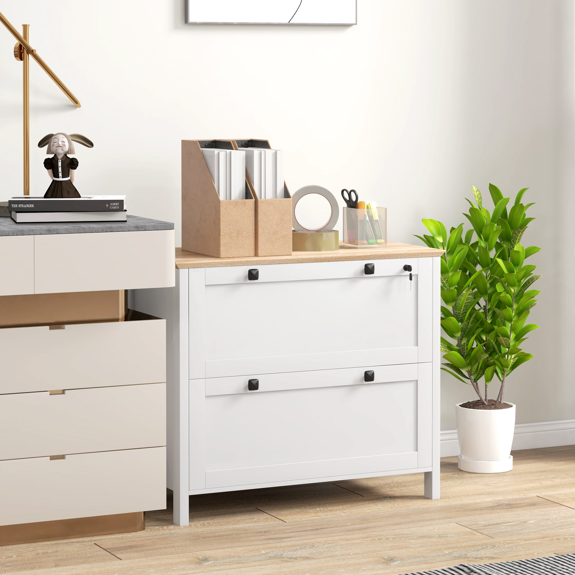 HOMCOM Lateral File Cabinet with 2 Drawer, Lockable Filing Cabinet with Adjustable Hanging Bar for Letter, A4 and Legal Size, White